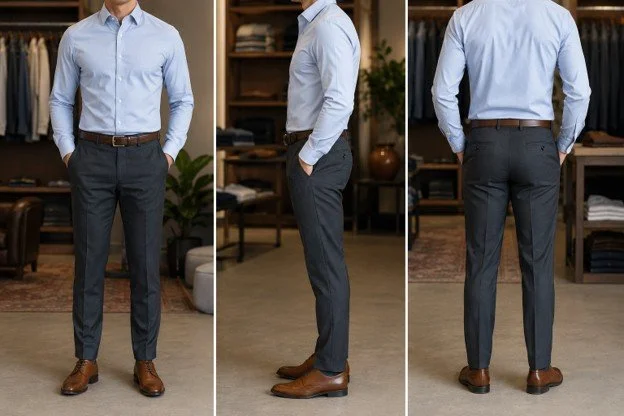 “Men’s business casual look showing proper dress pants length and fit by UWM Men's Shop."