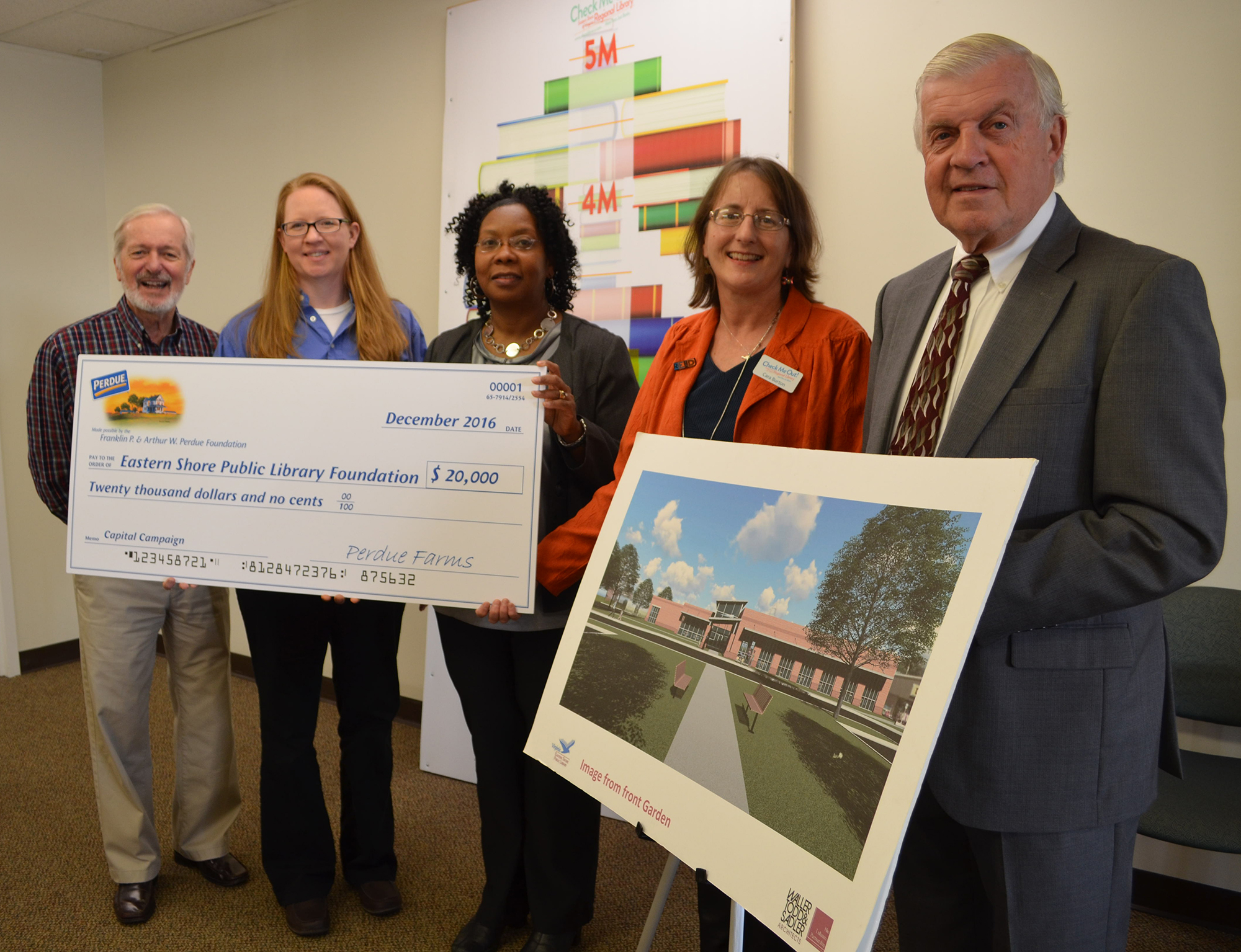 Photo (left to right): Dr. Arthur Fournier, ESPL Foundation Chairman Grants and Corporate Giving Committee; Tamra Langford, Perdue Business Unit Lead; Bel Holden, Perdue Complex Human Resources Manager; Fitz Godwin, ESPL Foundation Capital Campaign Co-Chairman; Cara Burton, Director of Eastern Shore Public Library System