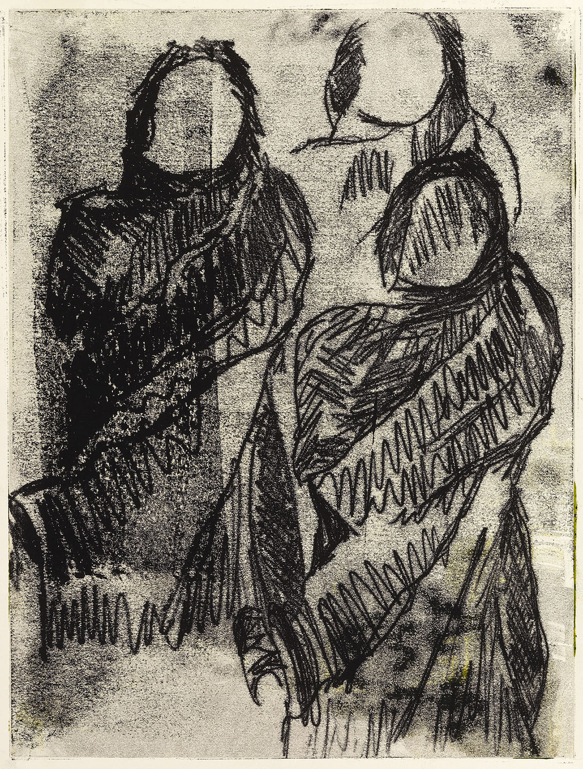 At the beginning, the prints are dark because they appeared so: totally vertical, wrapped up into black cloth and impenetrable. They are real but ghostly. Then slowly they are revealed. The prints are larger, colors appear expressing what is hiding behind their wraps. They are extremely gregarious, have a very strong sense of community and delight in it. They control that world.