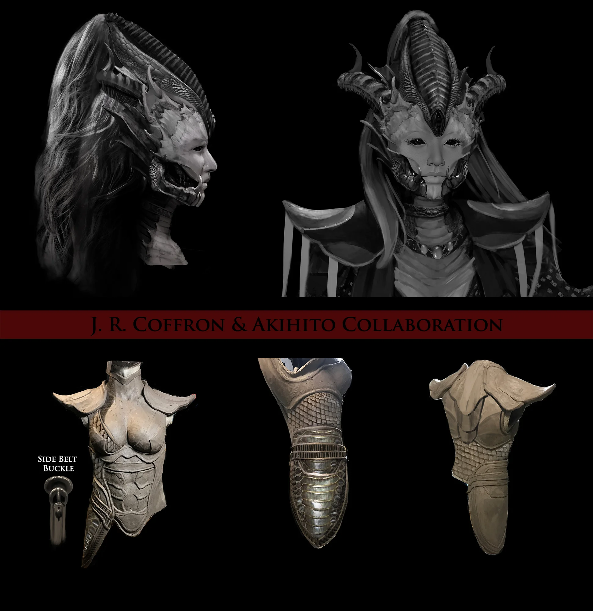 Featured here is my design of Tsillah's head along with a paint-over I did on photos of Akihito's rough armor sculpt. 