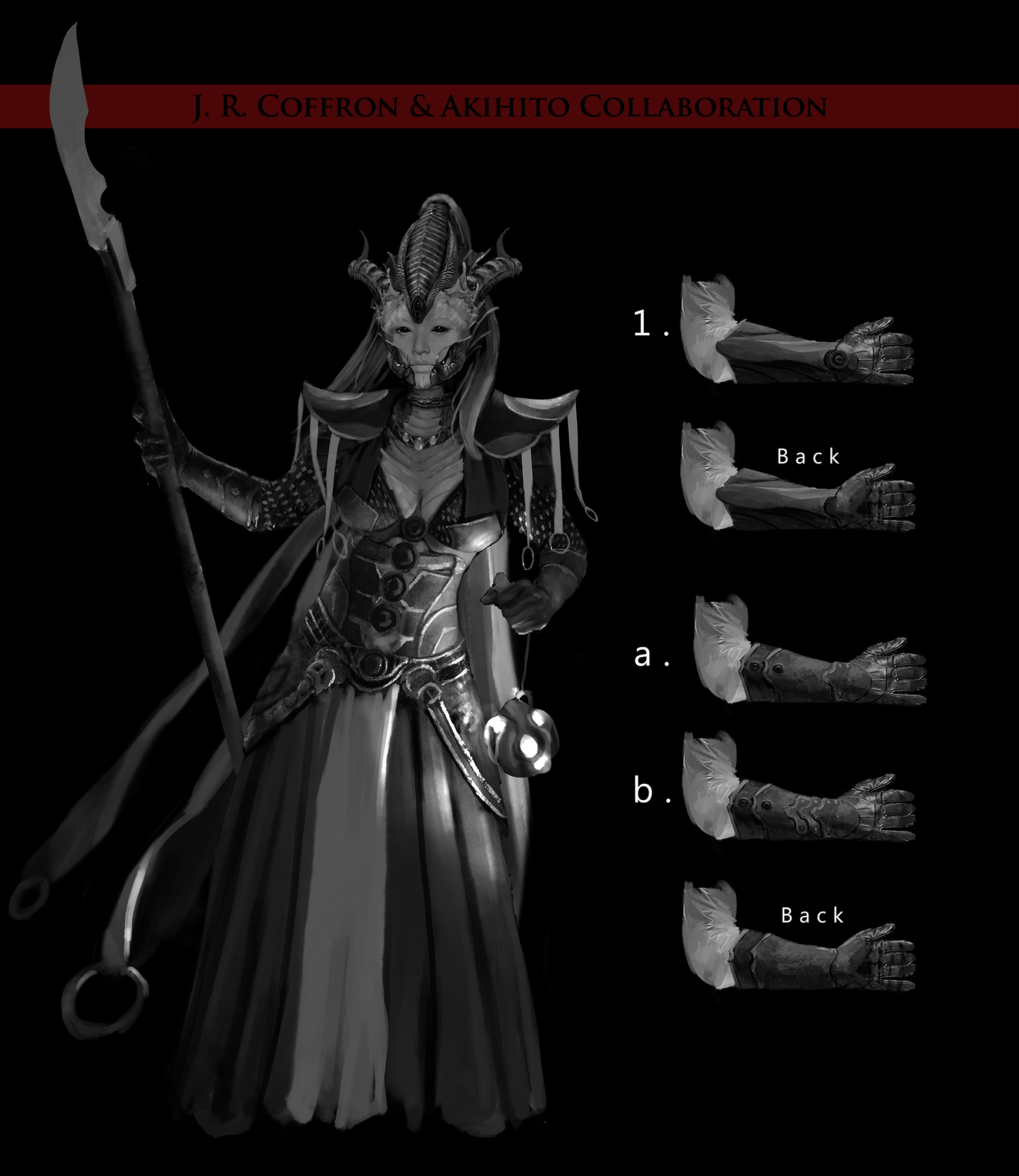 Here we have my initial design of Tsillah alongside potential glove variants for her. 