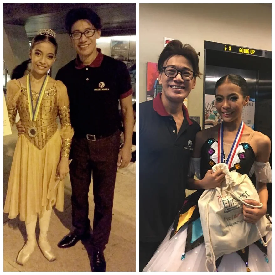 Then and now: Nicole Barroso celebrates her AGP silver-medal win with her Teacher Shaz (Ballet Manila co-artistic director Osias Barroso) in 2015 (left) and in 2016 (right). Both pictures were taken outside the Y-Theater in Hong Kong.