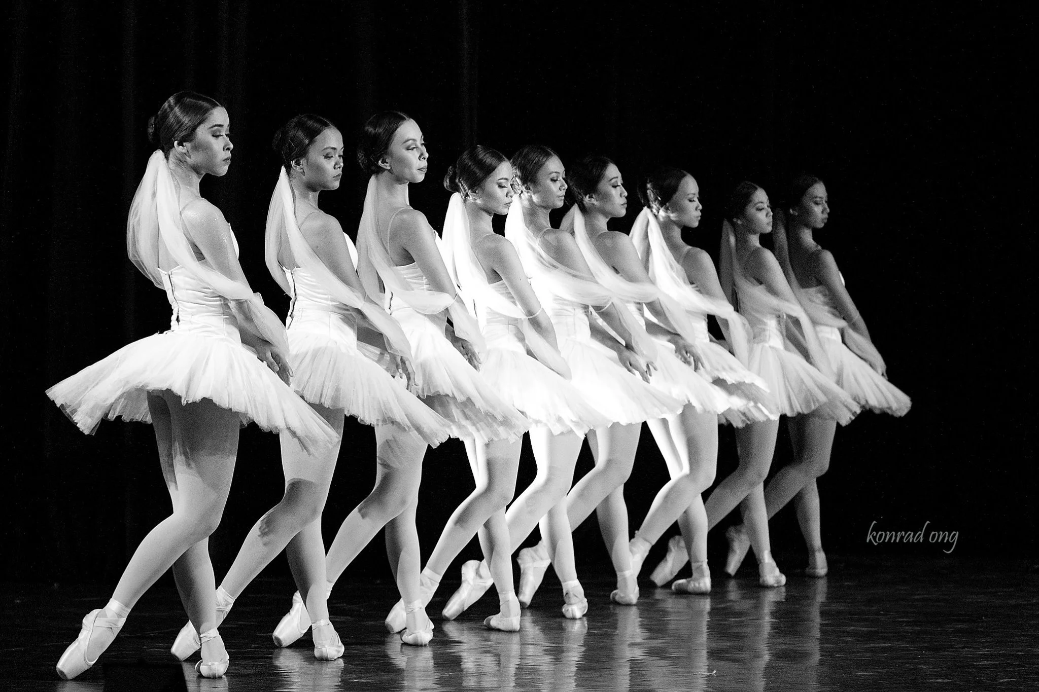 Czarina (third from left) joins the other girls in an excerpt from La Bayadere , as presented in BM 21 , a prelude to the company’s all-classics 21st season. Photo by Konrad Ong