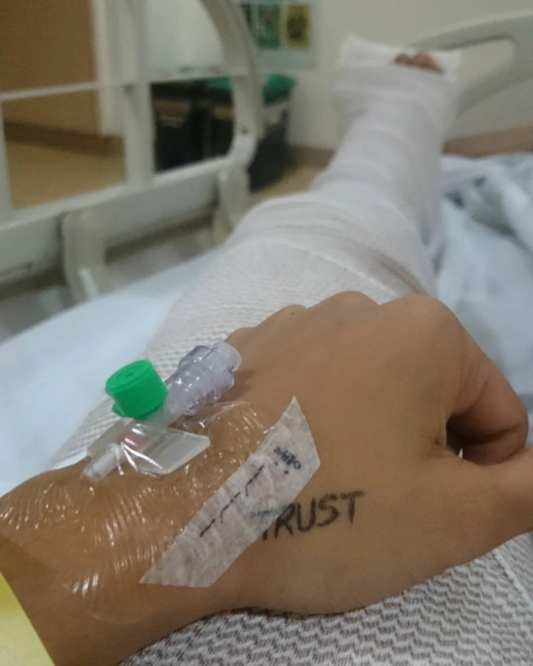 Abby posted this picture on her Instagram and Facebook accounts the day after her accident, stressing the need for trust as part of the healing process.