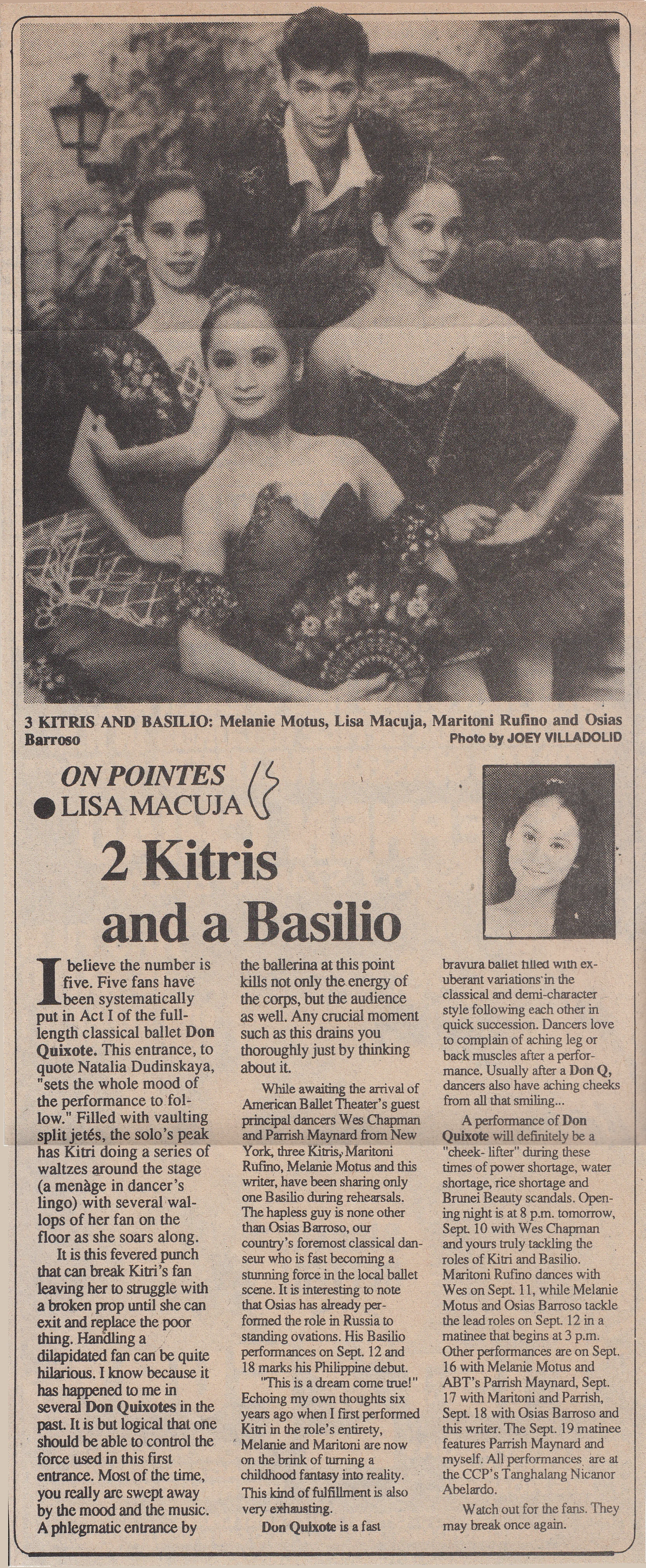 Clipping of Lisa Macuja’s column published in Malaya . Photo courtesy of the Ballet Manila Archives