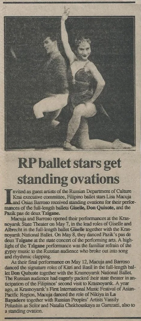 Barroso and Macuja-Elizalde would return to Russia in 1993 to perform the full-length Don Quixote and Giselle, earning raves as reported in this news item. Image courtesy of the Ballet Manila Archives