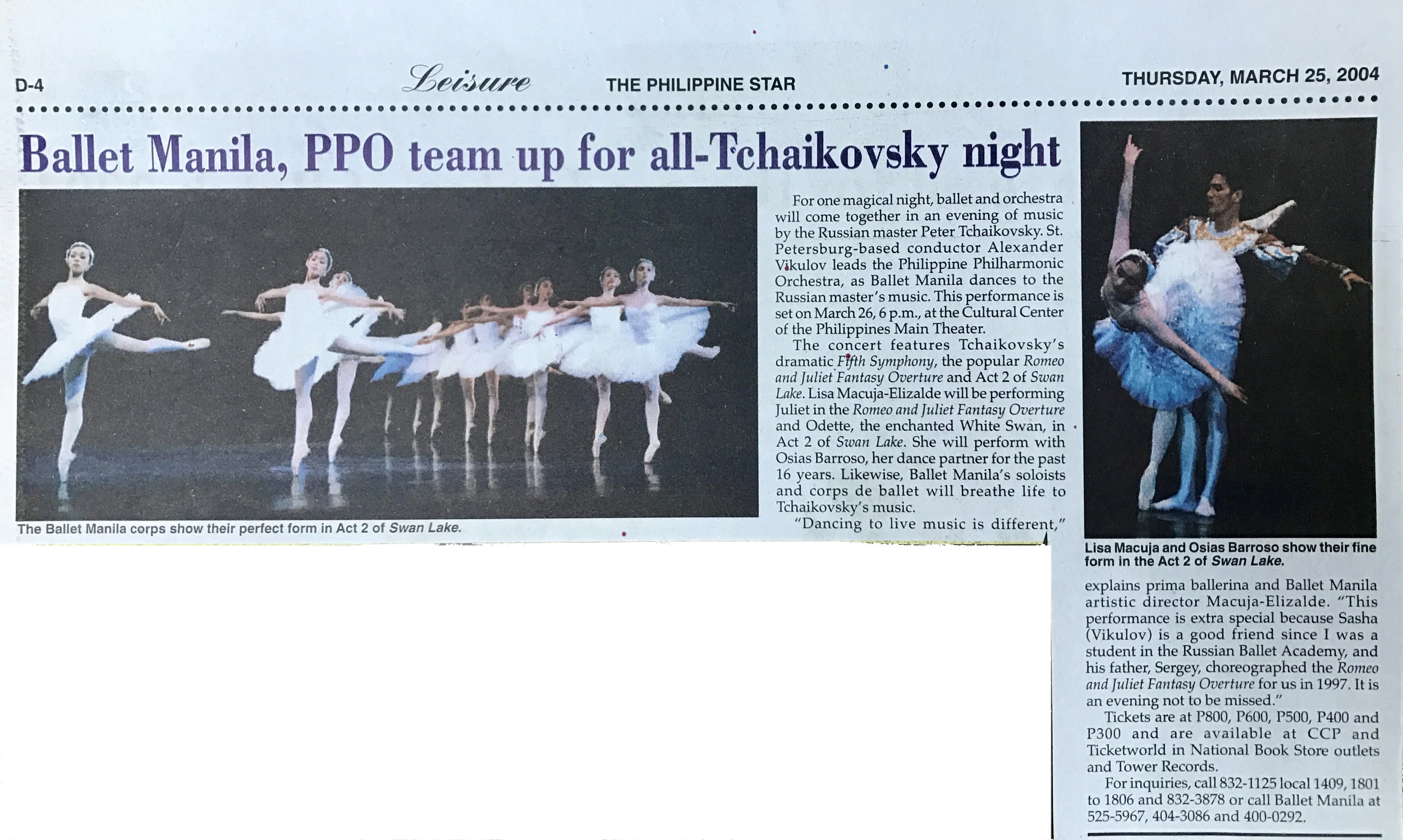 A newspaper item banners Ballet Manila’s collaboration with the Philippine Philharmonic Orchestra. Photo courtesy of the Ballet Manila Archives
