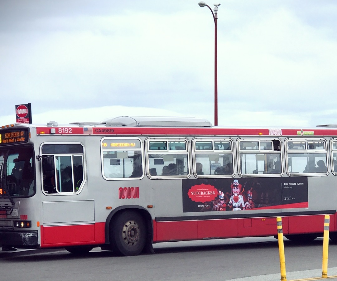 Advertisement of The Nutcracker on a Sanfo bus. Ballet has become an American tradition every December.
