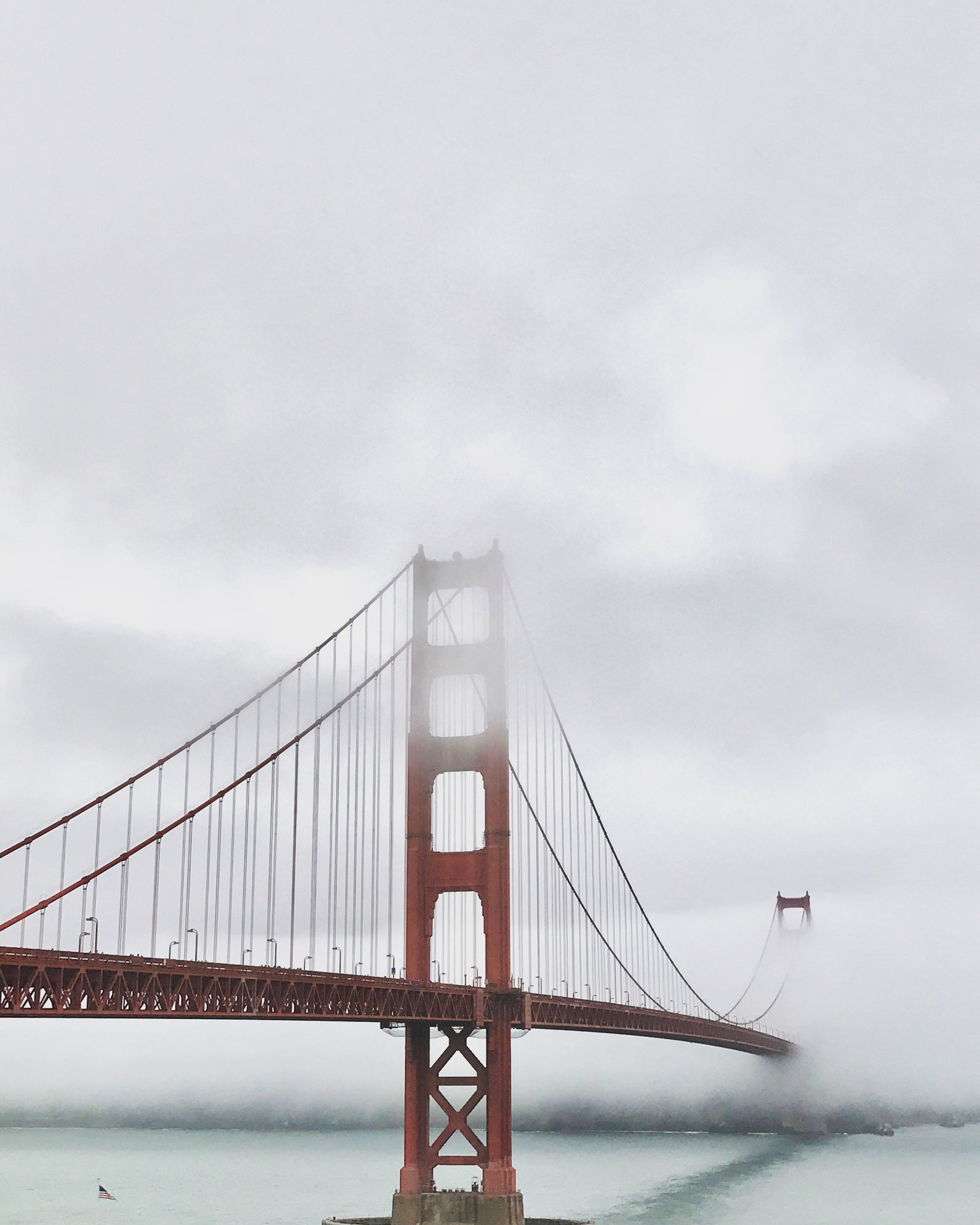  It was a cold and windy day in San Francisco, with the Golden Gate Bridge enveloped in mist. 