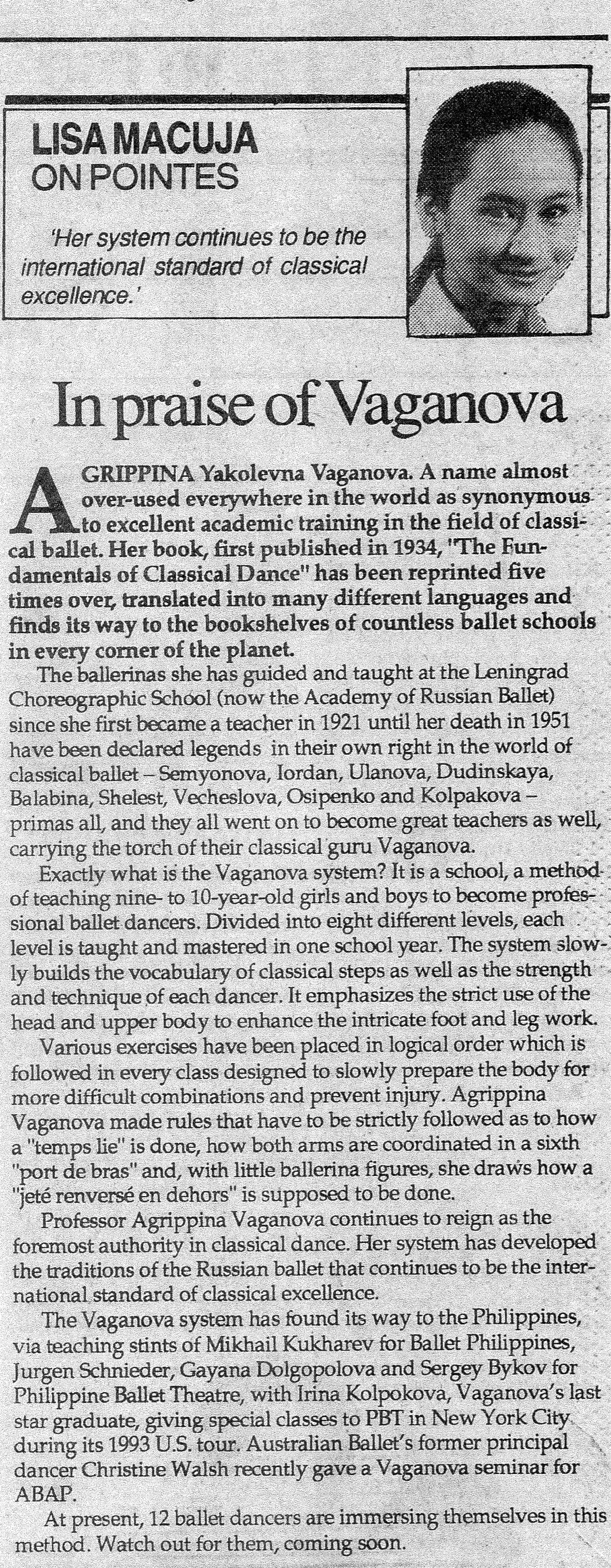 Clipping of Lisa Macuja’s column on Vaganova published in Malaya in 1995. Photo courtesy of the Ballet Manila Archives