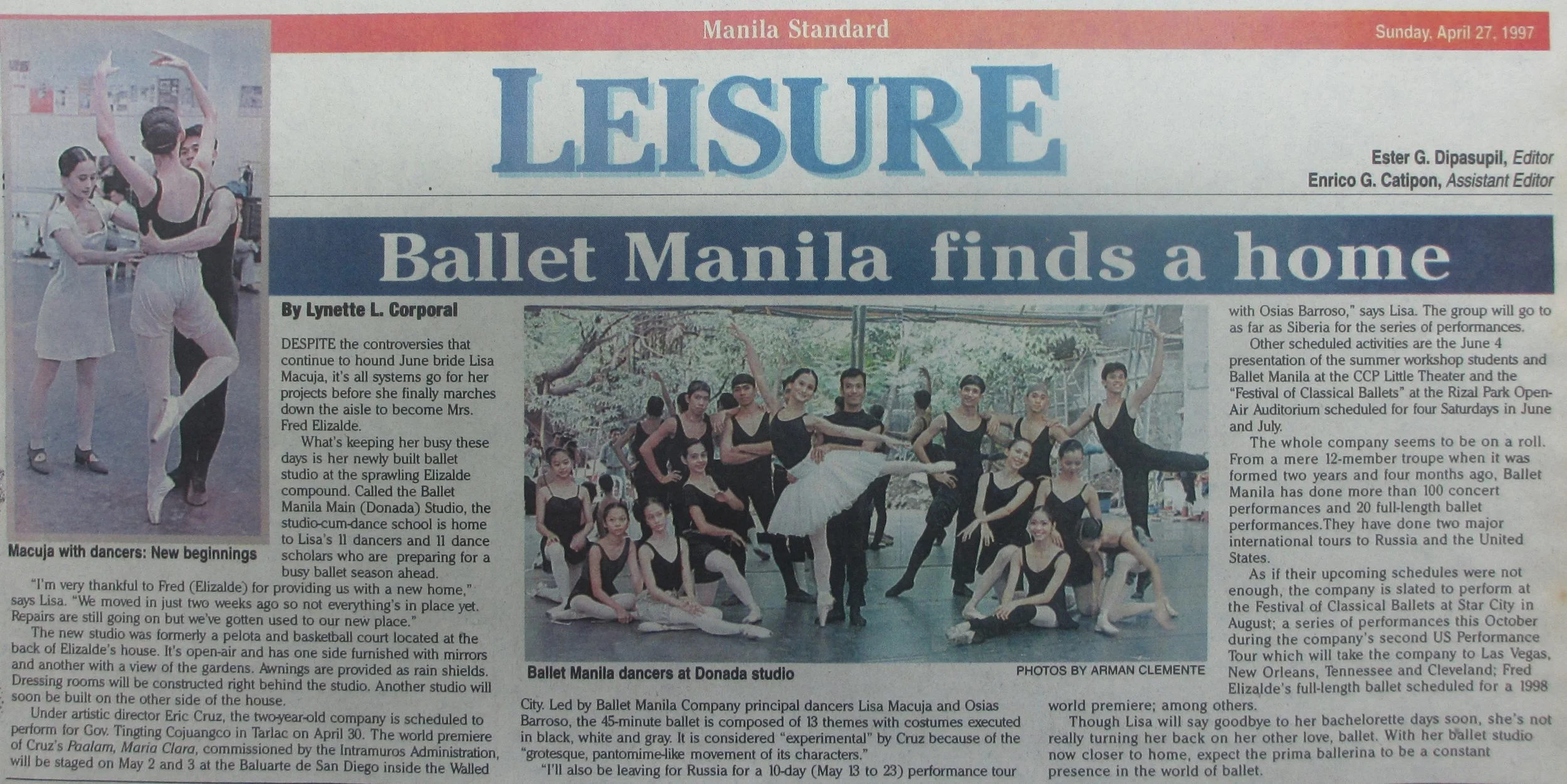 Manila Standard tells the story of Ballet Manila moving to its new headquarters in Pasay and preparing for a busy season. Clipping courtesy of the Ballet Manila Archives
