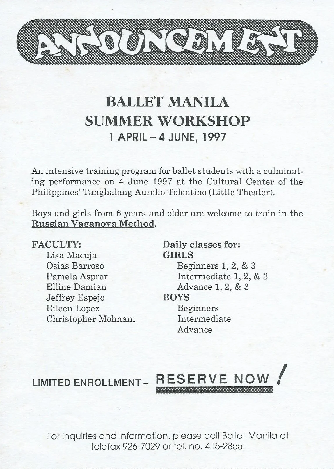 Leaflet for Ballet Manila’s first summer workshop underscores its offered training in the Russian Vaganova Method. Image courtesy of the Ballet Manila Archives