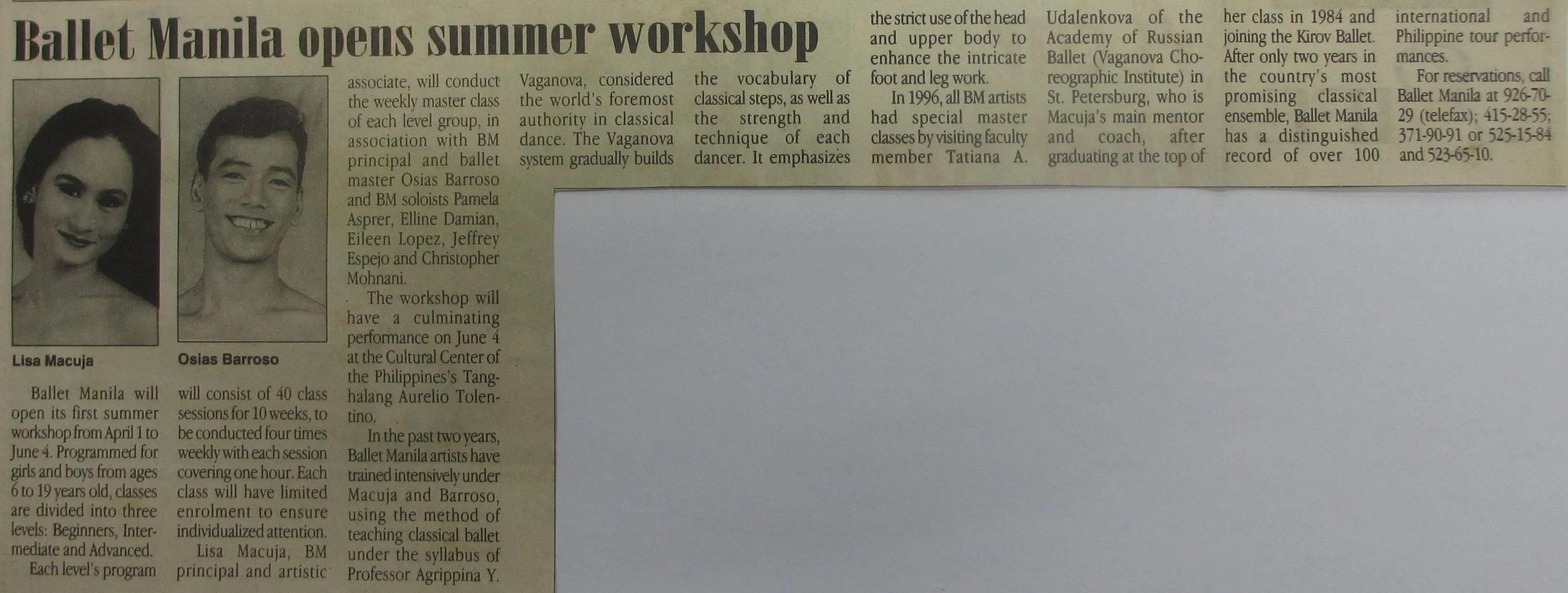 Announcement in The Philippine Star lists classes and faculty members for Ballet Manila’s first summer workshop. Clipping courtesy of Ballet Manila Archives