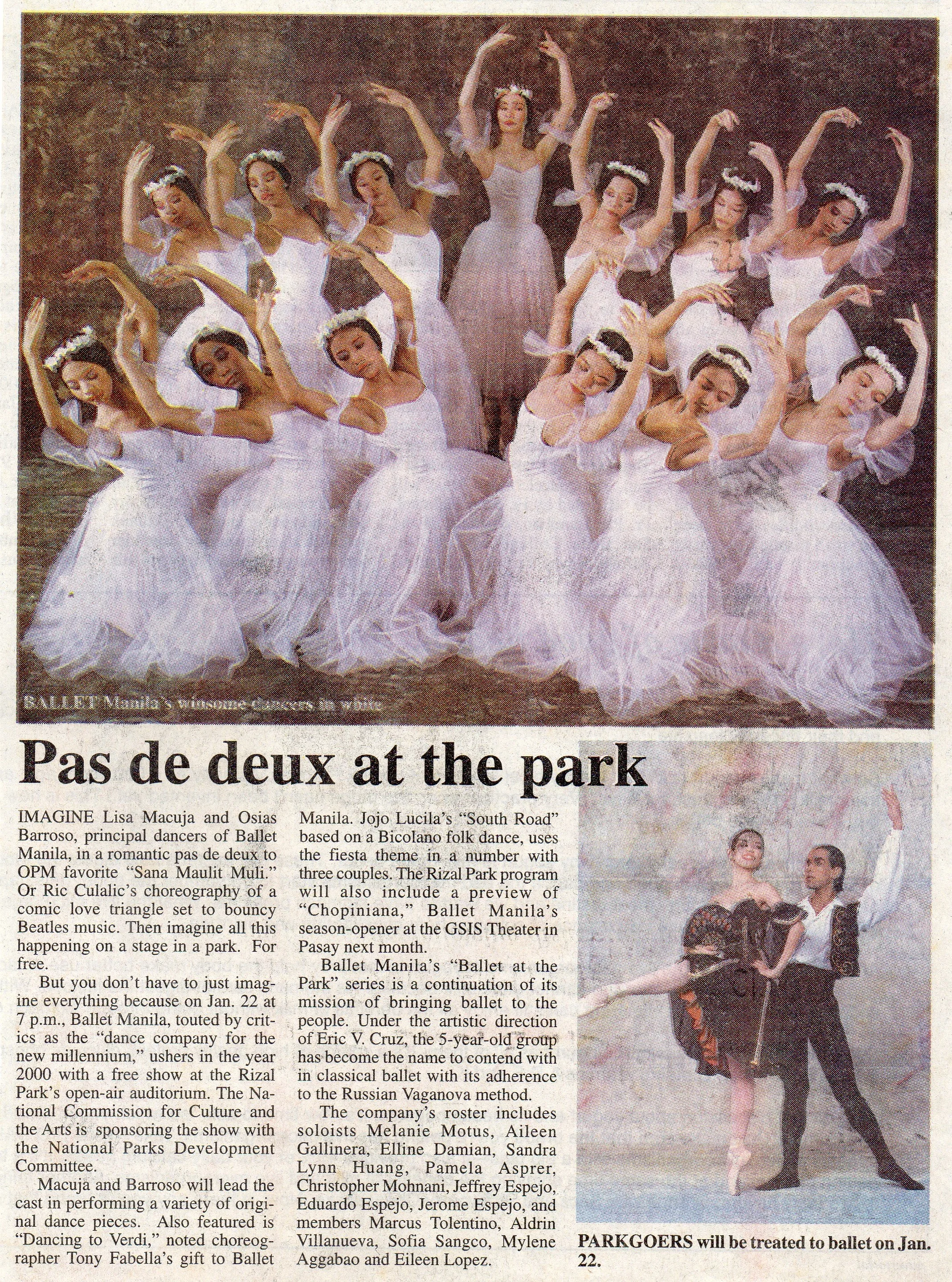 Clipping from Philippine Daily Inquirer shares Ballet Manila’s repertoire for its Rizal Park performance. From the Ballet Manila Archives collection