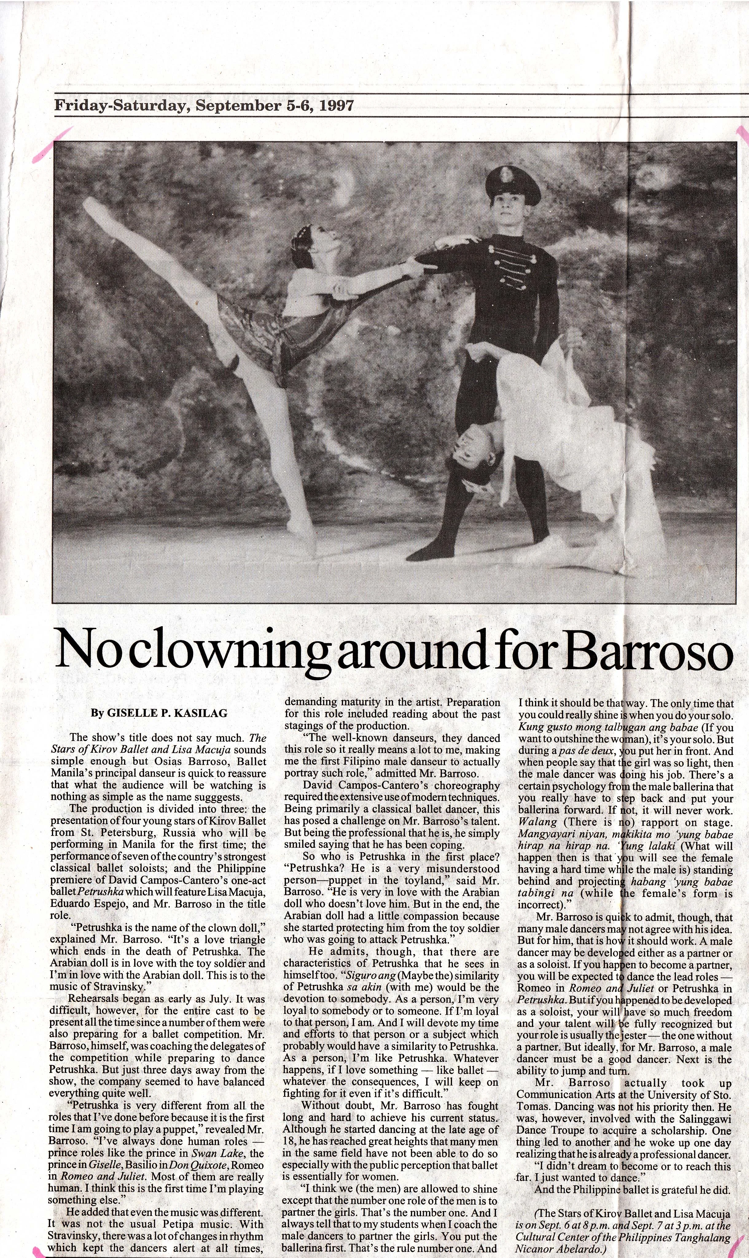 Osias Barroso, a perennial prince on stage, relates what it’s like to dance as a puppet for the first time in a story in BusinessWorld . Clipping from the Ballet Manila Archives collection