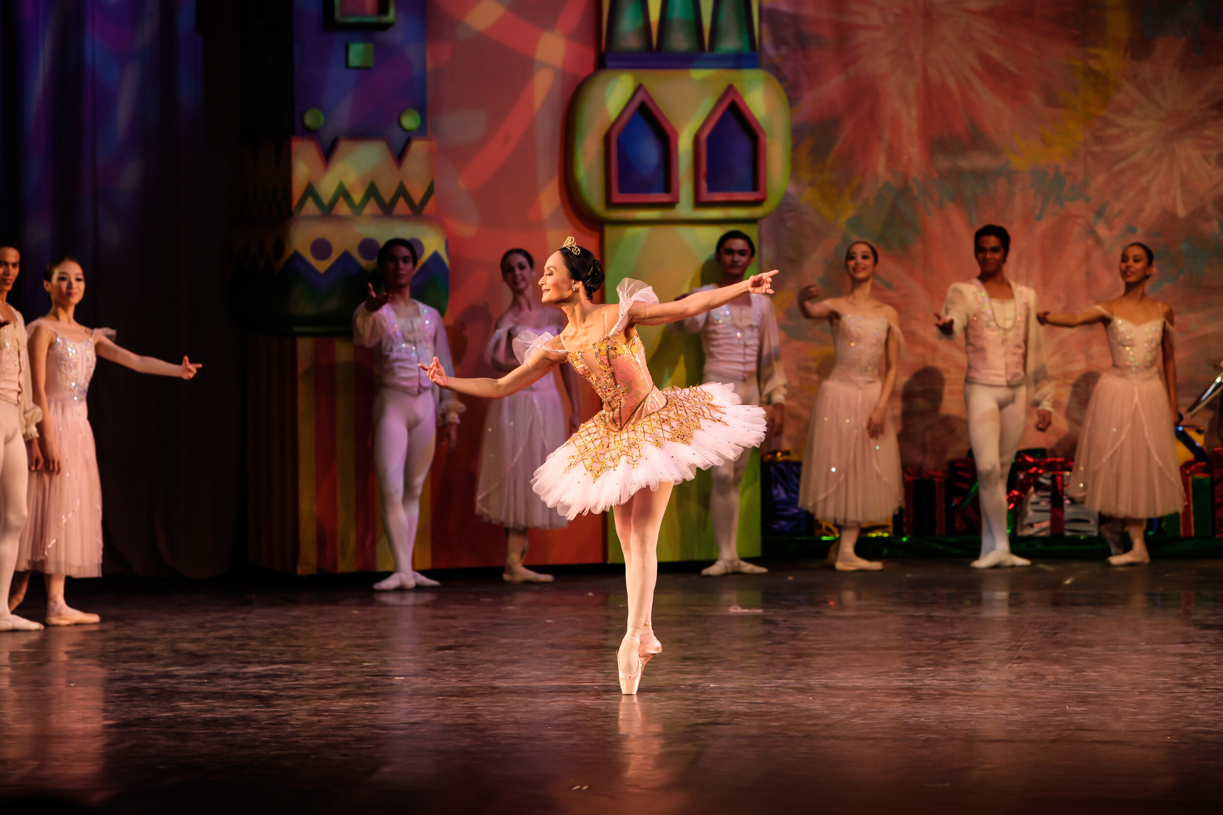    True to her role as the Sugar Plum Fairy in T he Nutcracker  (2013), Lisa Macuja-Elizalde wears a sumptuous confection of pink and gold studded with sparkling stones. The Sugar Plum Fairy is just one of the characters that give the popular Christm