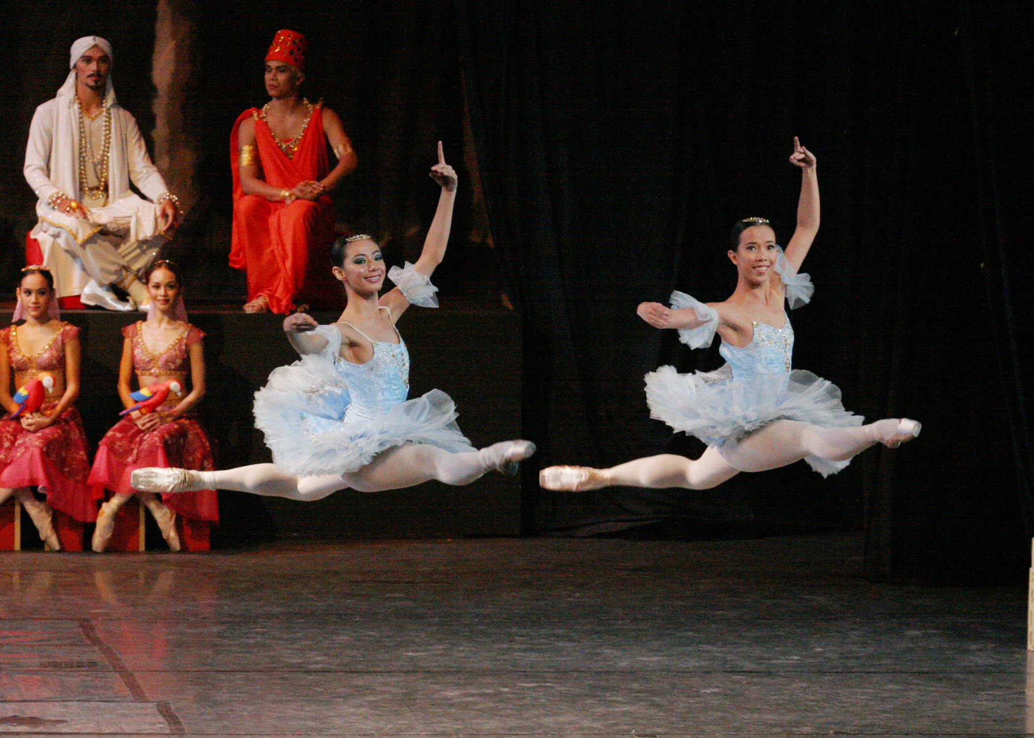    In the Pas D’Action of the Grand Pas de Deux in  La Bayadere  (2004), the powder blue tutus of the corps de ballet (as seen here on Zaira Cosico and Eileen Lopez) contrast starkly with the bold colors of the High Brahmin and the Parrots in the bac