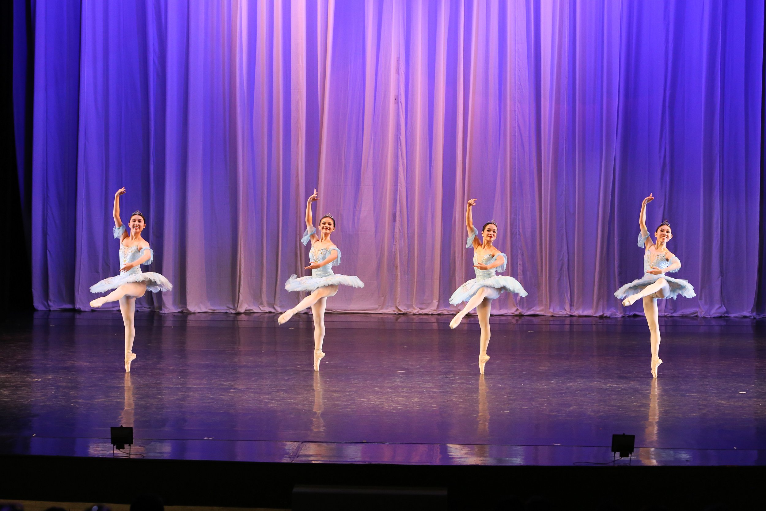    In the Pas D’Action from  La Bayadere , the ballerinas wear powder blue tutus that exude a light and elegant feel. Featuring (from left) Nanami Hasegawa, Shaira Comeros, Jessica Pearl Dames and Kotomi Narai, it was performed in  Deux  (2019).   