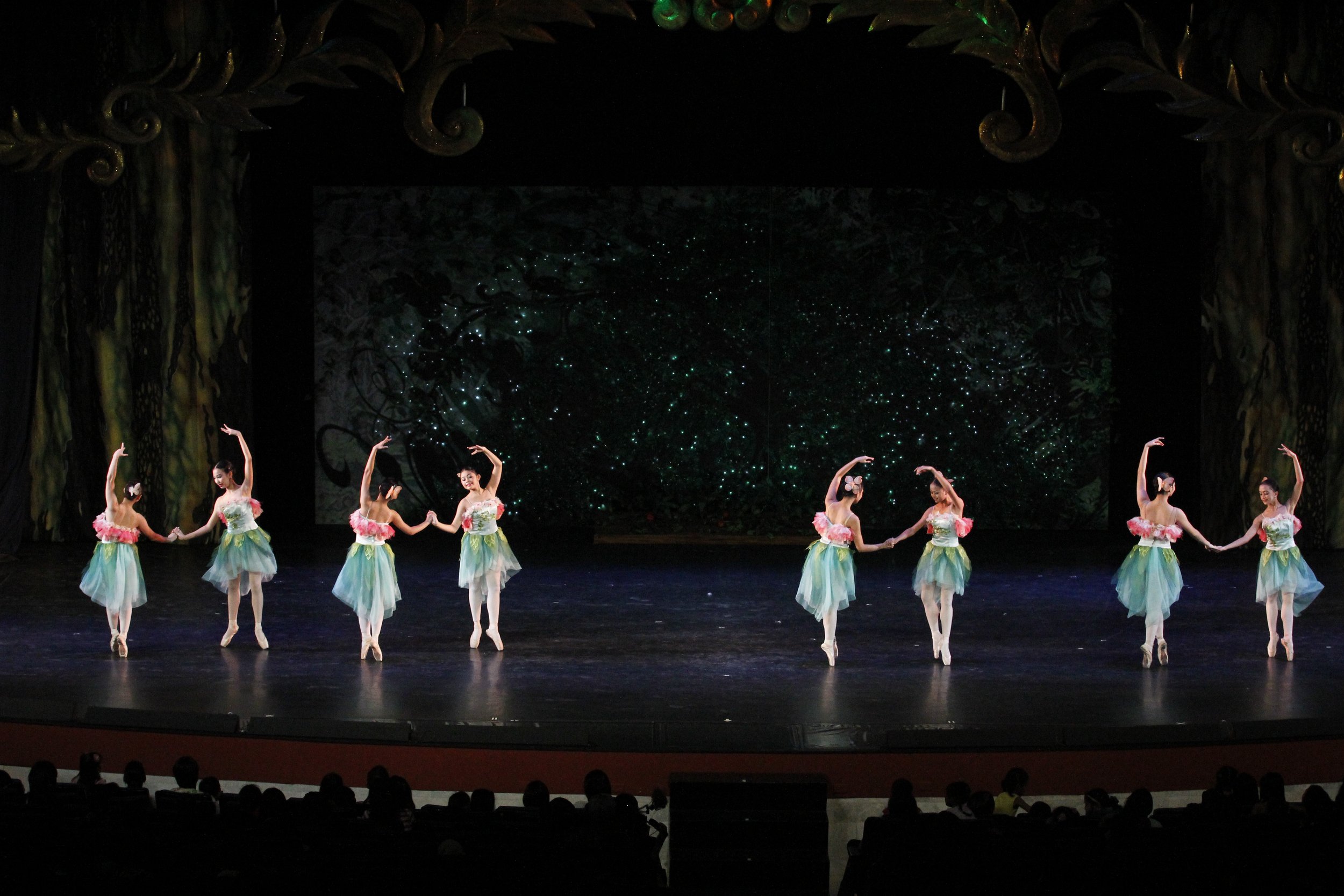    The tutus of the Garden Spirits in Hazel Sabas-Gower’s  Sinderela  (2012) are fittingly inspired by the colors of nature. Their predominantly green-colored tutus are spruced up with peach floral accents on their bodice and in their hair ornaments 