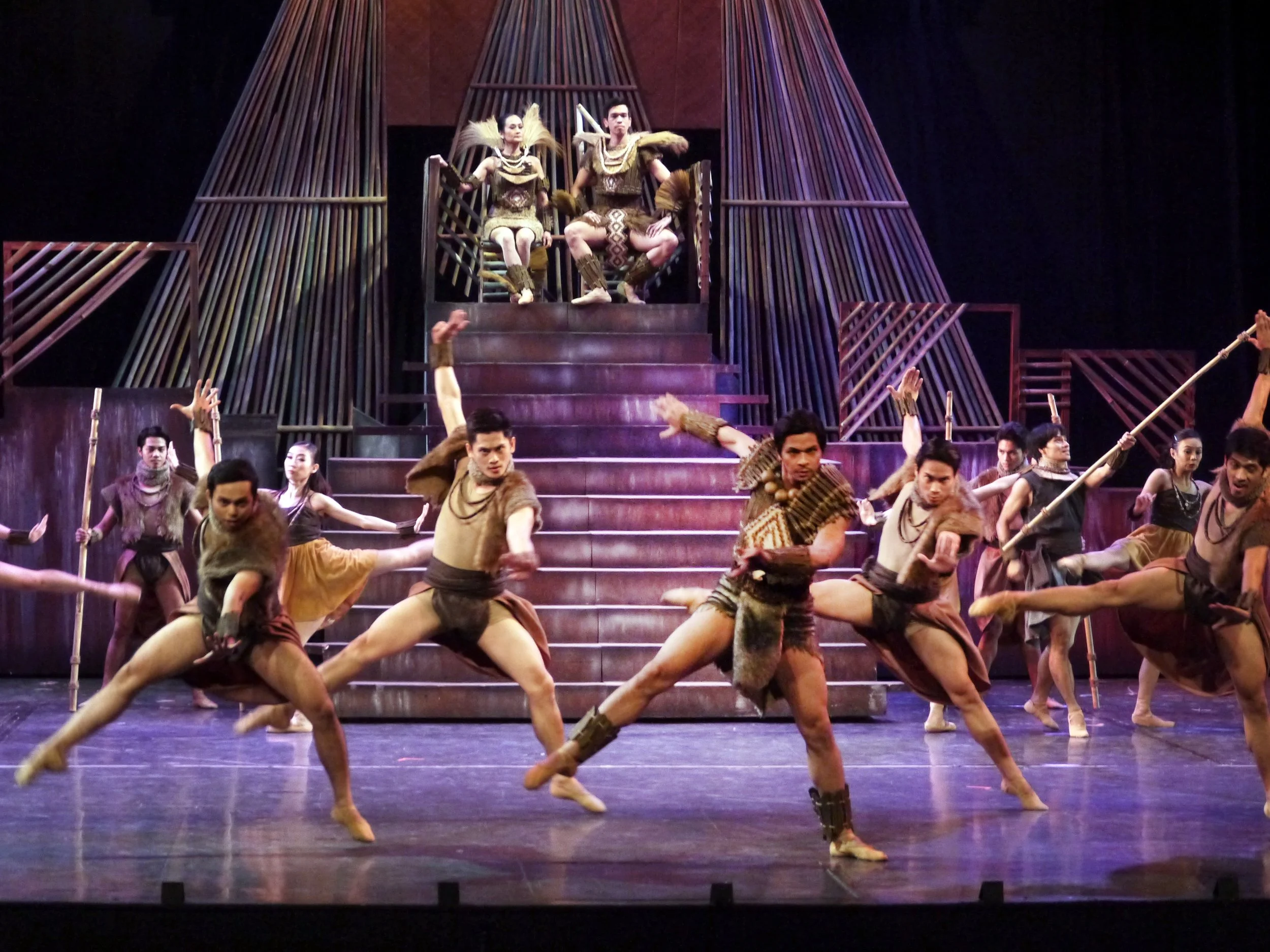    Festivities at the palace call for the presentation of each of the three princes before the queen and king (Lisa Macuja-Elizalde and Neil John Mag-aso). Here, Don Pedro (Mark Sumaylo, center) leads his men in an energetic number that reflects brav