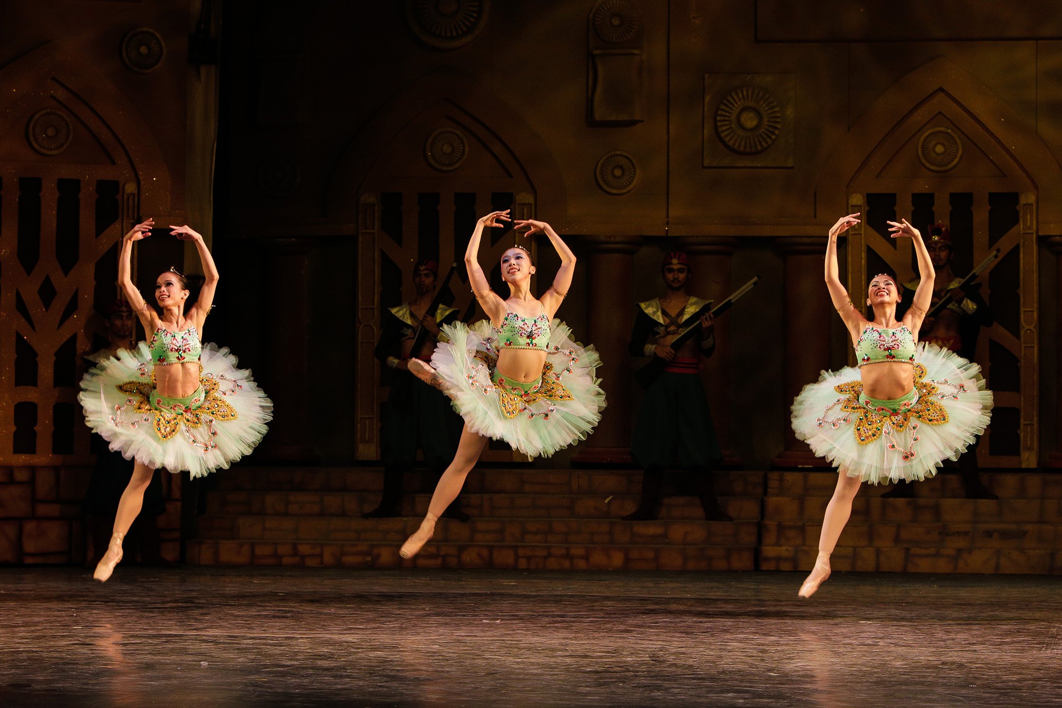   The Odalisques – Naomi Jaena, Jung Wong Shin and Sofia Sangco-Peralta – joyfully move as one in  Le Corsaire  (2013), wearing midriff-baring tutus in mint green flecked with beads, baubles and sequins. Photo by Jojo Mamangun   