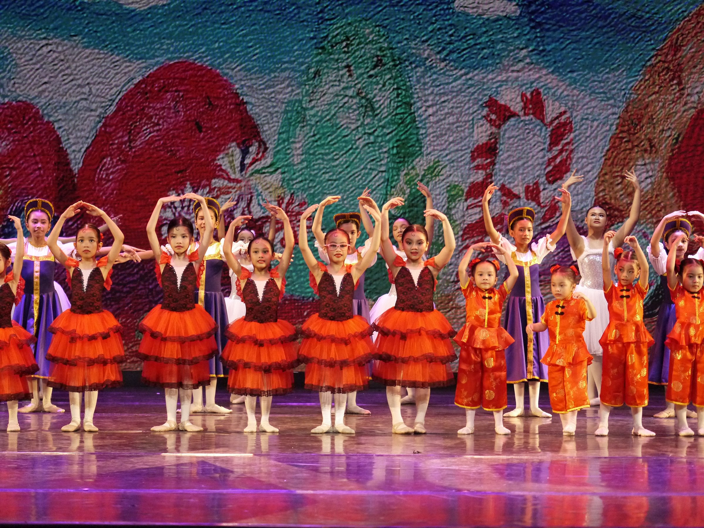    Budding ballerinas represent Spain and China with their respective dances.   