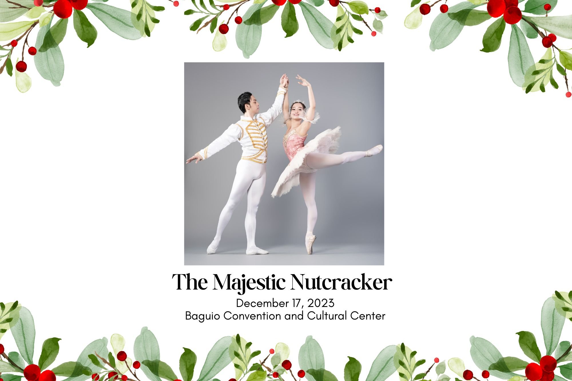    The digibook of Ballet Baguio’s Christmas production features a photo of Ballet Manila’s Sean Pelegrin and Jessica Pearl Dames in their guest lead roles as The Prince and the Sugar Plum Fairy.   