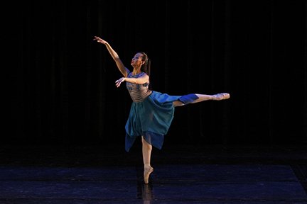    Shades of blue gauzy material form the skirt of Sofia Sangco-Peralta as she executes her part in  Webber Trio , choreographed by Rudy De Dios and Francis Jaena to the music of Sir Andrew Lloyd Webber. The number, showcased in  Ballet &amp; Ballads