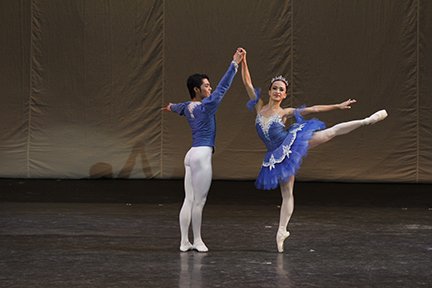    Anselmo Dictado and Jessa Balote are a perfect pair in matching outfits of blue – with sparkly accents on her tutu and on his top, paired with white tights – as they perform the  Grand Pas Classique  in  Two!  (2014). Photo by Ocs Alvarez   