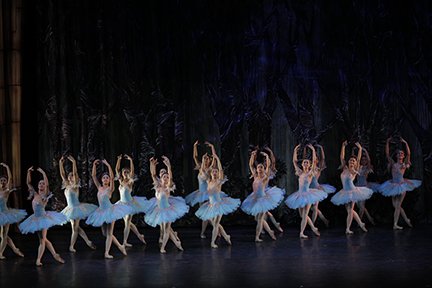    Two rows of ballerinas in blue tutus give the dream sequence in Act 2 of  Don Quixote  (2012) that otherworldly air as they portray dryads in an enchanted garden. Photo by Jojo Mamangun   