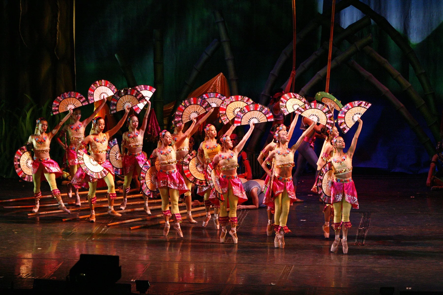    These maidens in the environmental fable  Alamat: Si Sibol at si Gunaw  (2009) execute a colorful fan dance to kick-start the festivities marking the mortal king Kapuy’s marriage to the goddess Luningning. Photo by Ocs Alvarez   