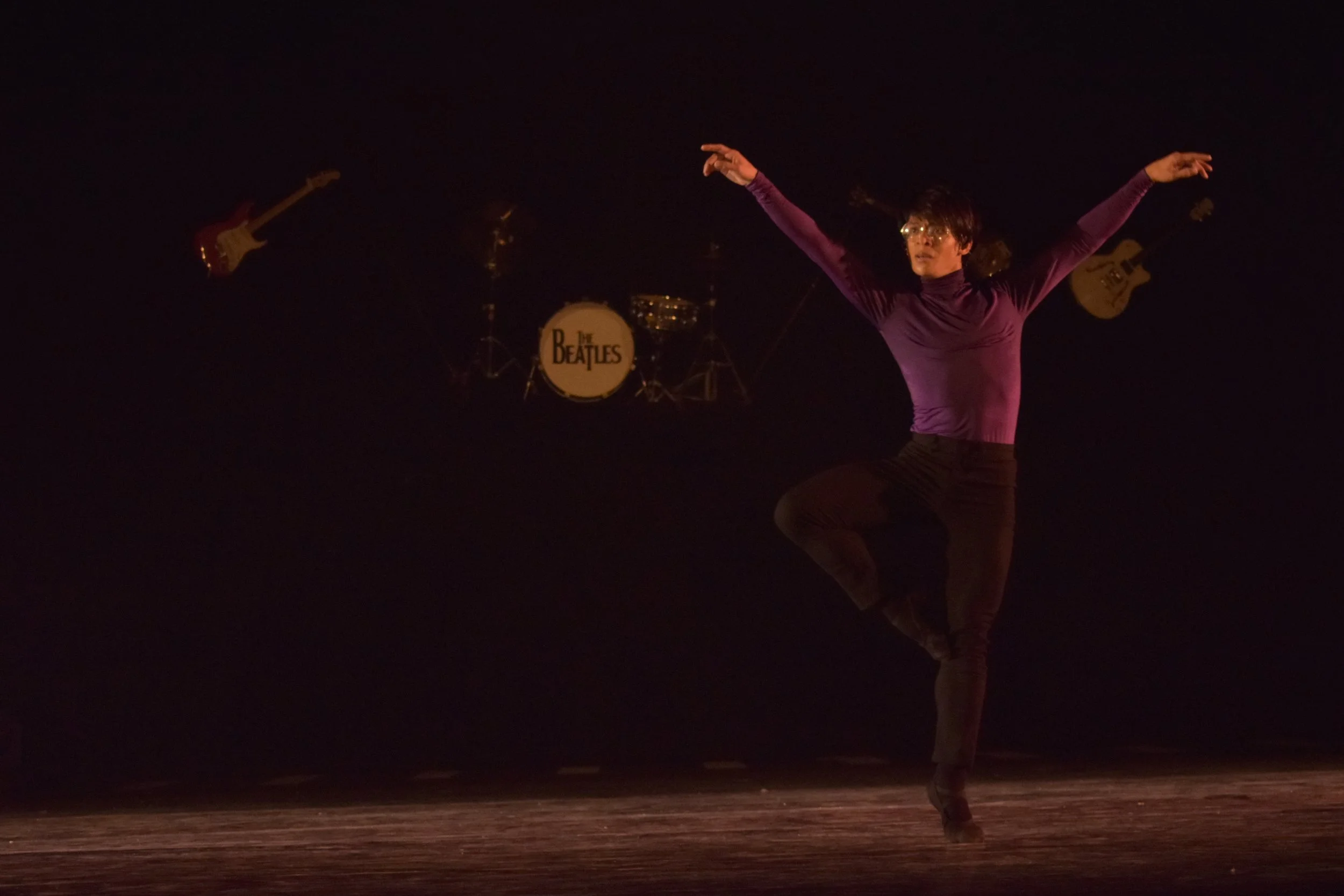    In purple turtleneck and black tights, Gerardo Francisco Jr. grooves to Beatles music in Martin Lawrance’s  The Winding Road,  a contemporary choreography paired with the purely classical  Les Sylphides  in  Deux  (2019). Photo by Erickson Dela Cr