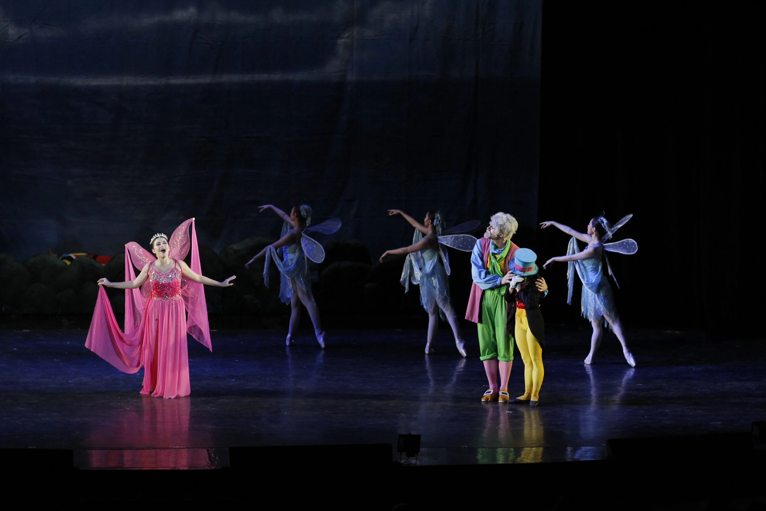    The Pink Fairy (Tippy Dos Santos, left) serves as storyteller and singer in the two-act adaptation of  Pinocchio  (2015) choreographed by Osias Barroso Jr. Unlike the Blue Fairy who is among the characters in the original C. Collodi novel and its 