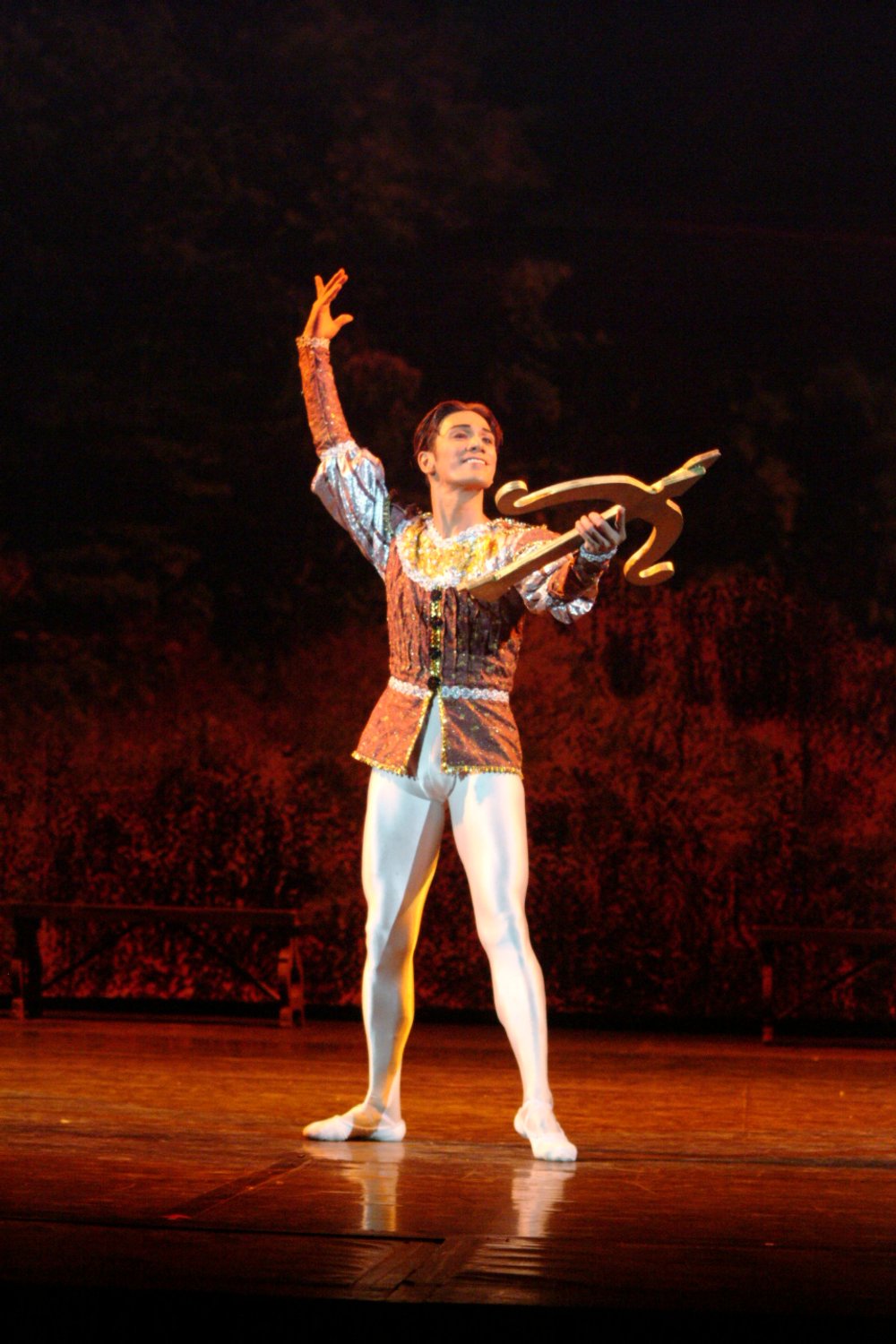 Though already expected by the kingdom to choose a wife, Prince Siegfried (Osias Barroso Jr.) would rather attend to other pursuits first. In this scene from Swan Lake (2003), he has taken his bow and gone to the forest to hunt. There, he comes