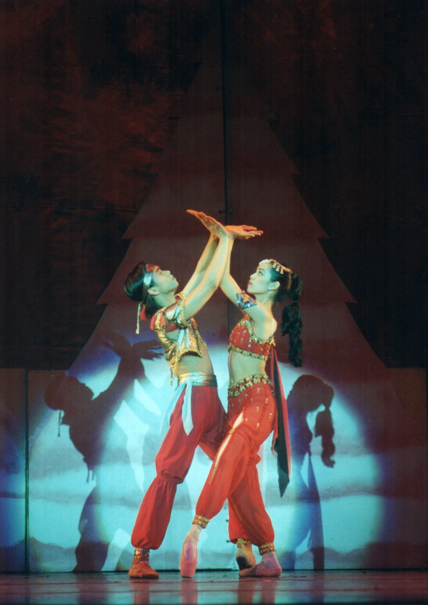    In the Land of Sweets in  The Nutcracker  (2001), the Arabian dancers (Marcus Tolentino and Elline Damian) perform a special number at the kingdom where the Sugarplum Fairy reigns supreme. Wearing matching finery in red, the couple represents coff