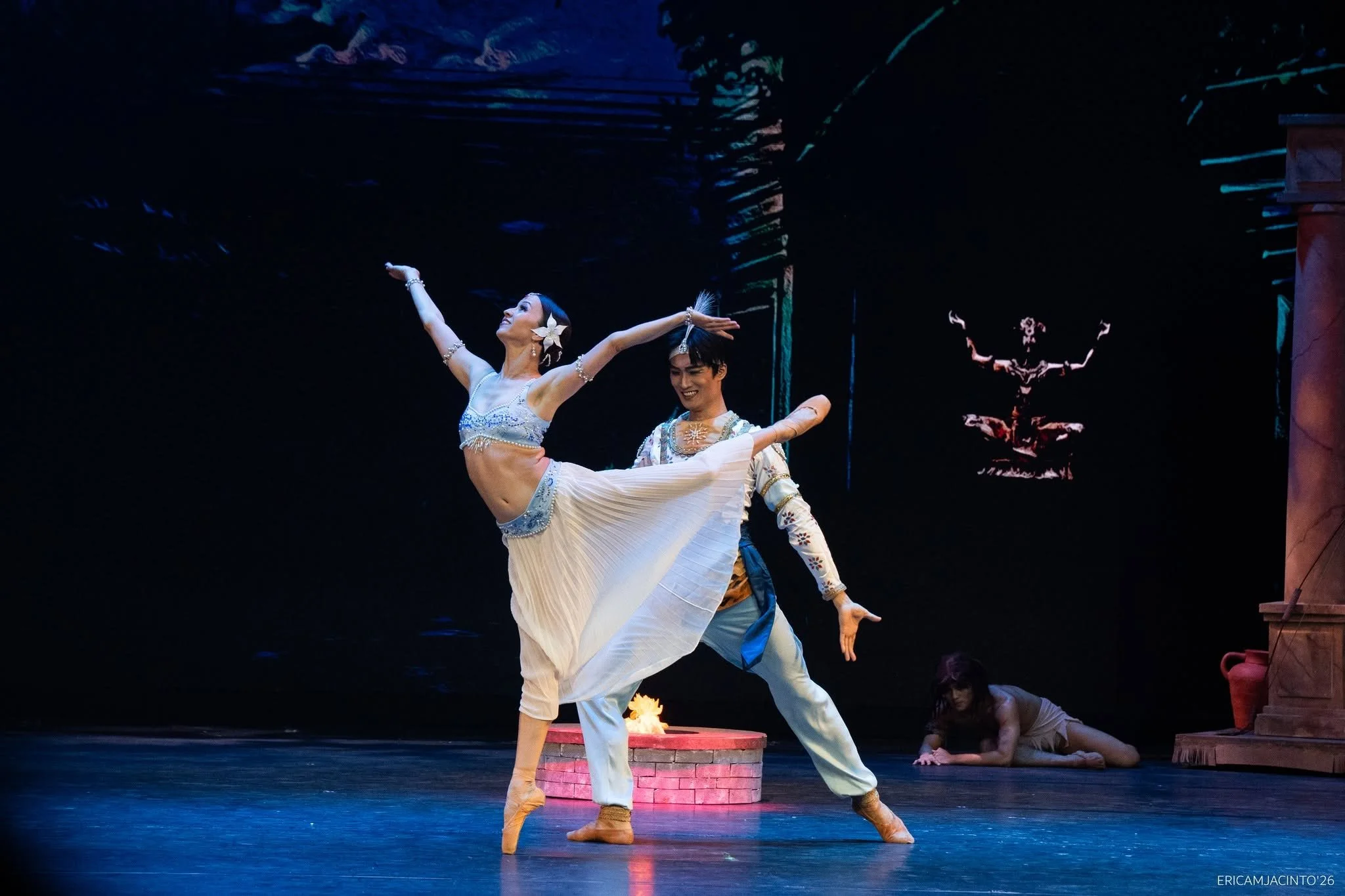    Mariinsky Ballet principal artists – the Russian prima ballerina Renata Shakirova and the Korean danseur Kimin Kim – portray the temple dancer Nikiya and the warrior Solor in  La Bayadere , a ballet set in India choreographed by Marius Petipa and 