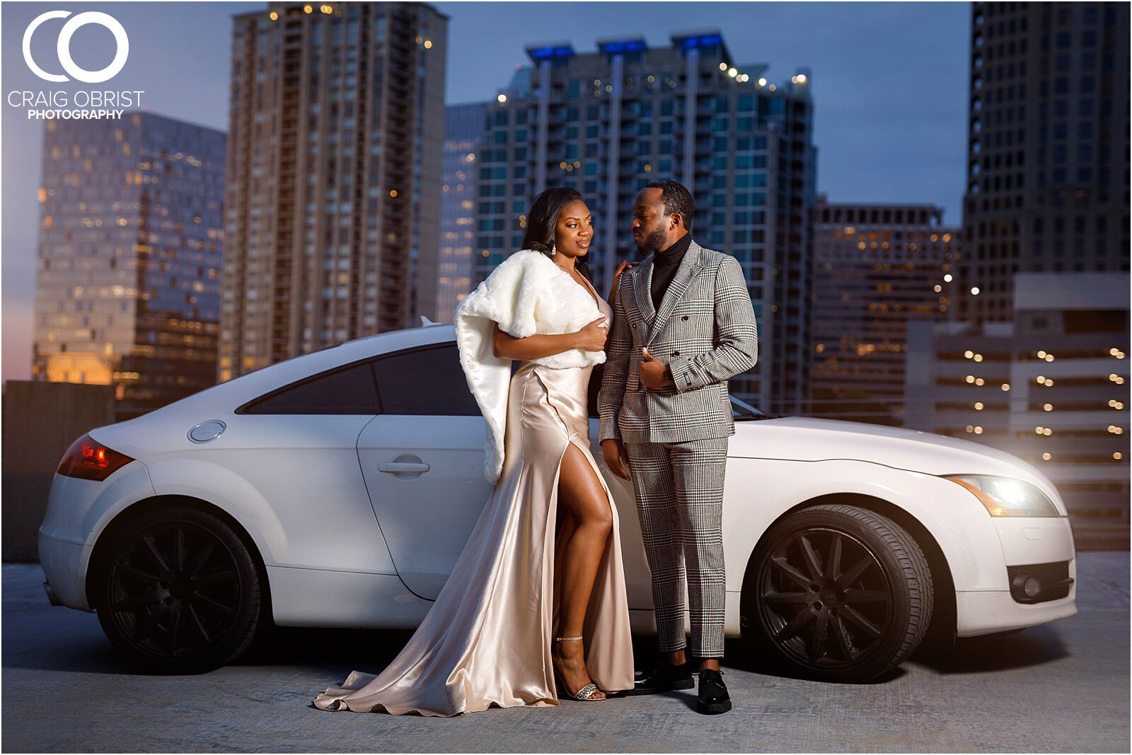 Luxury Engagement Portraits Audi TT Sunset City Skyline Atlanta Wedding_0028.jpg