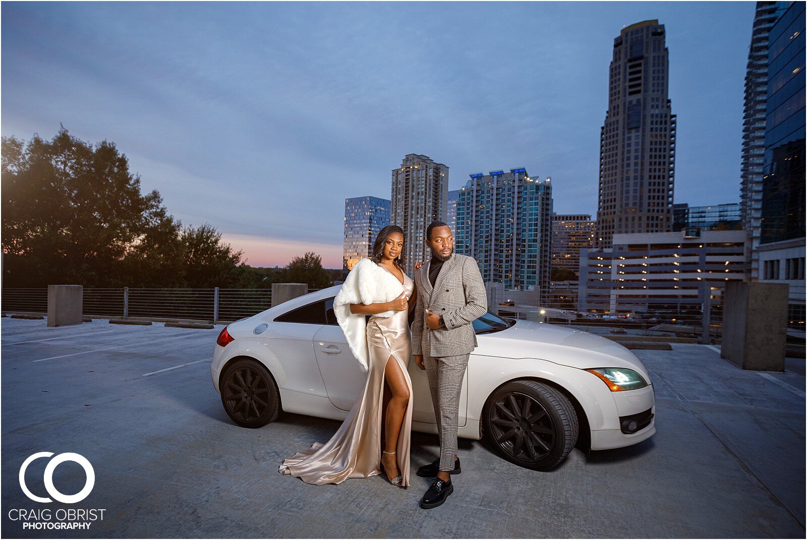 Luxury Engagement Portraits Audi TT Sunset City Skyline Atlanta Wedding_0029.jpg