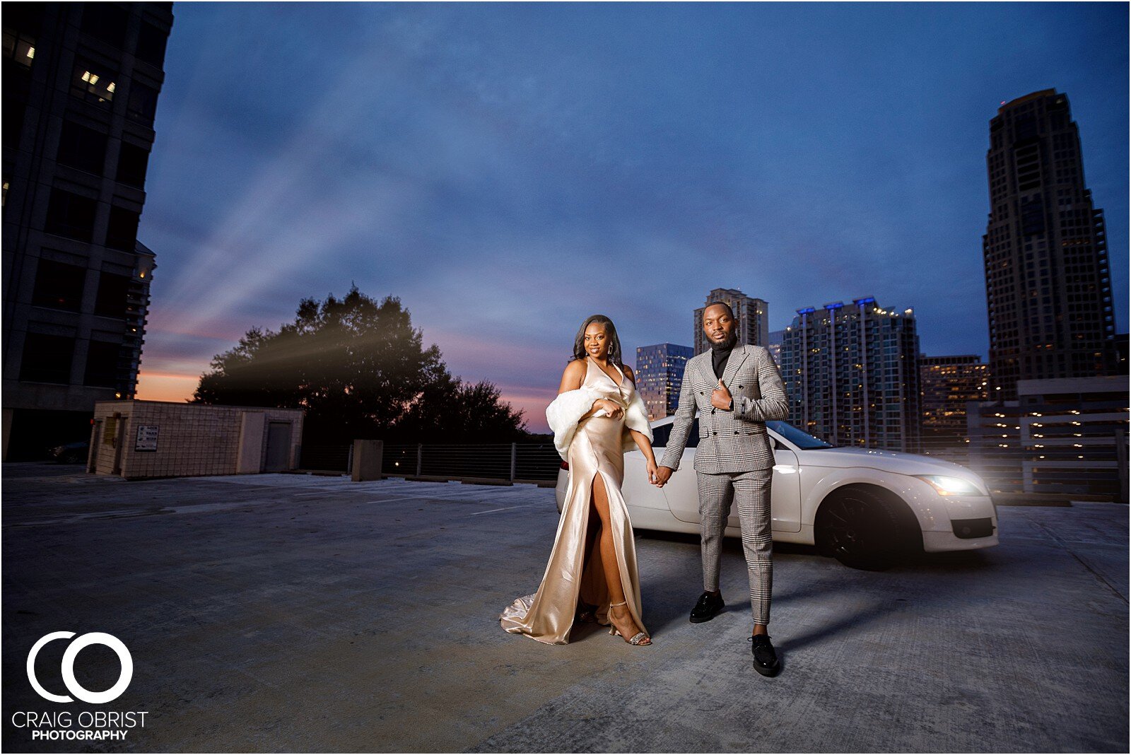 Luxury Engagement Portraits Audi TT Sunset City Skyline Atlanta Wedding_0033.jpg