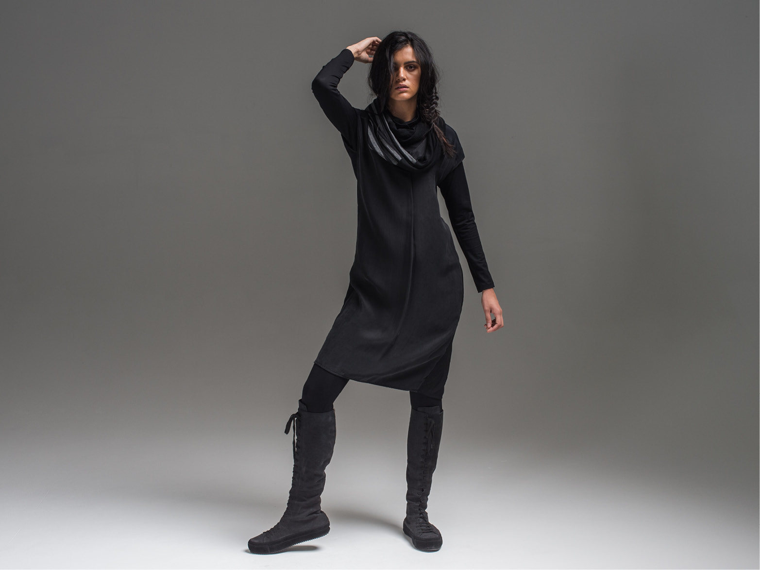 Multitude top, Lanky legs, Juxtapose dress + Mmerrrino scarf