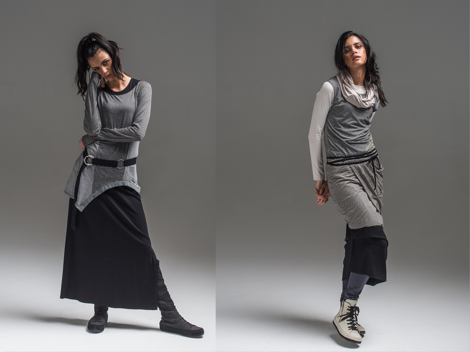 L: Obsidian top, Coco top, Emma skirt + Circle belt R: Multitude top, Treble vest, wool Thea skirt, wool Nellie pant, wool Infinity scarf + Cee Cee wrap