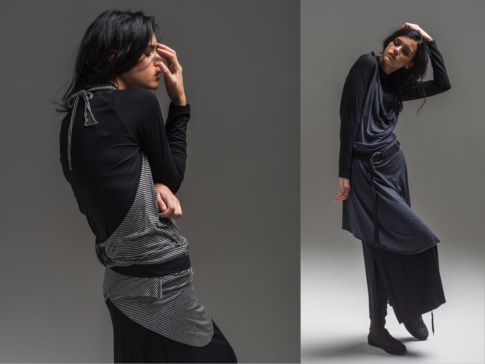 L: Alex top, Vertigo wrap + Circle belt R: Alex top, Emma skirt, wool Vertigo wrap + Circle belt