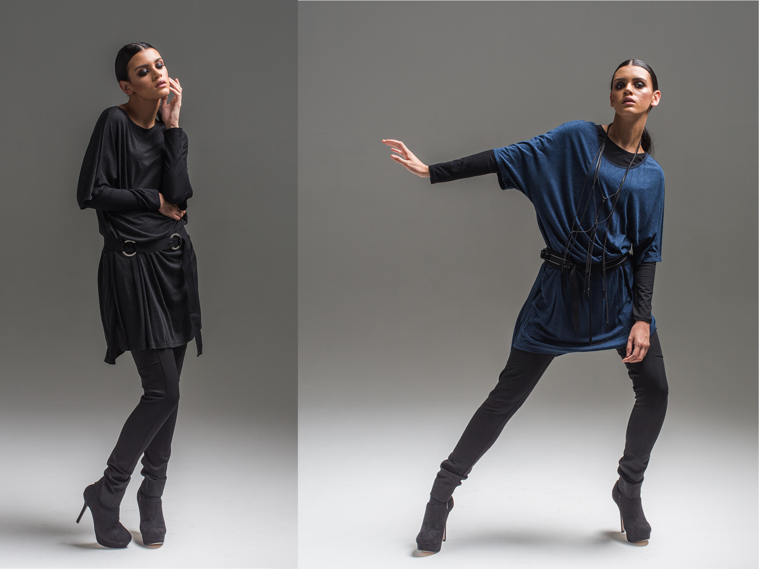 L: Multitude top, Jana pant, Fusion dress + Circle belt R: Multitude top, Jana pant, Fusion dress + Pinstripe belt