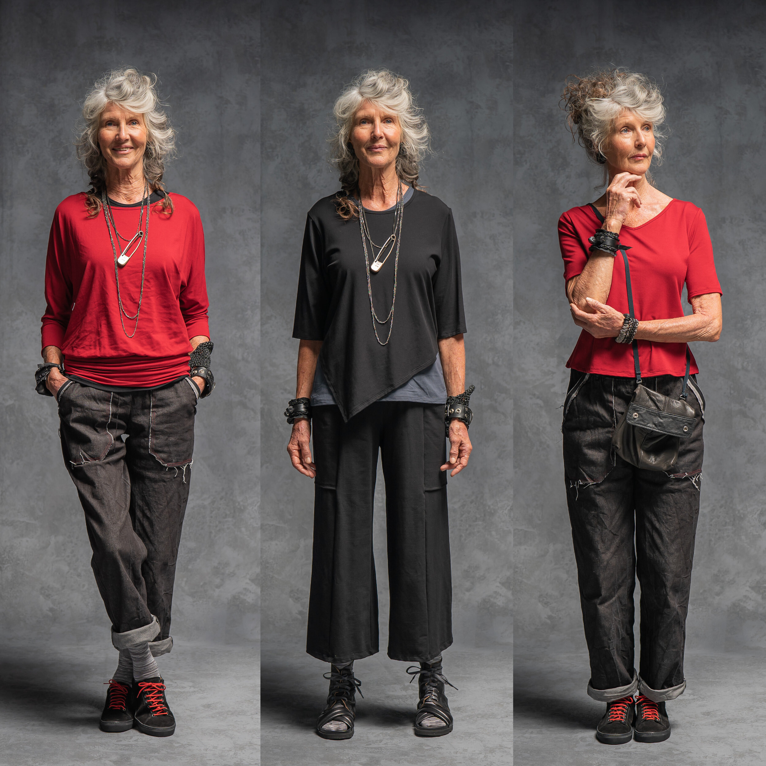 LEFT: Hilda pant + Leanne top   CENTRE: Fortuna pant + Dana top with Obisidan top underlayer   RIGHT: Hilda pant + Viola tee