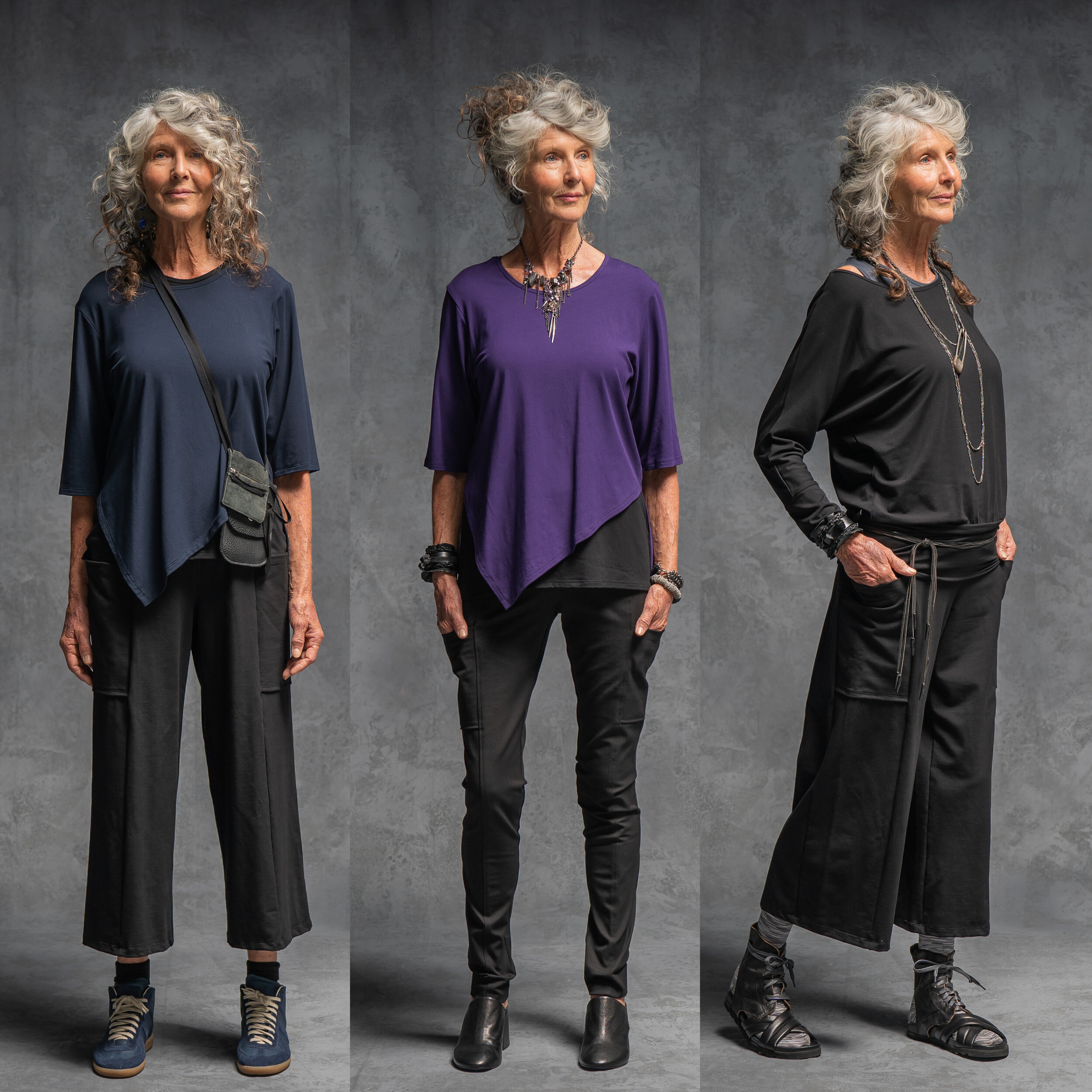 LEFT: Fortuna pant + Dana top CENTRE: Jana pant + Dana top with Greta singlet RIGHT: Fortuna pant + Leanne top