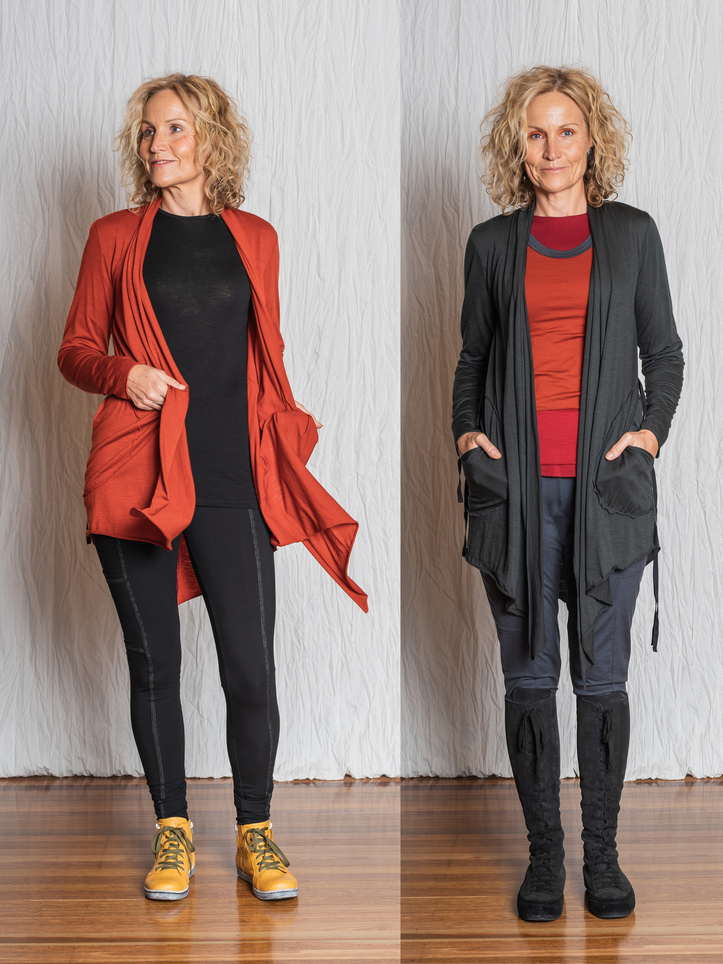 LEFT: Cuddle top + Elixir cardi + Vera pant   RIGHT: Multitude top + Oracle vest + Elixir cardi + wool Nellie pant