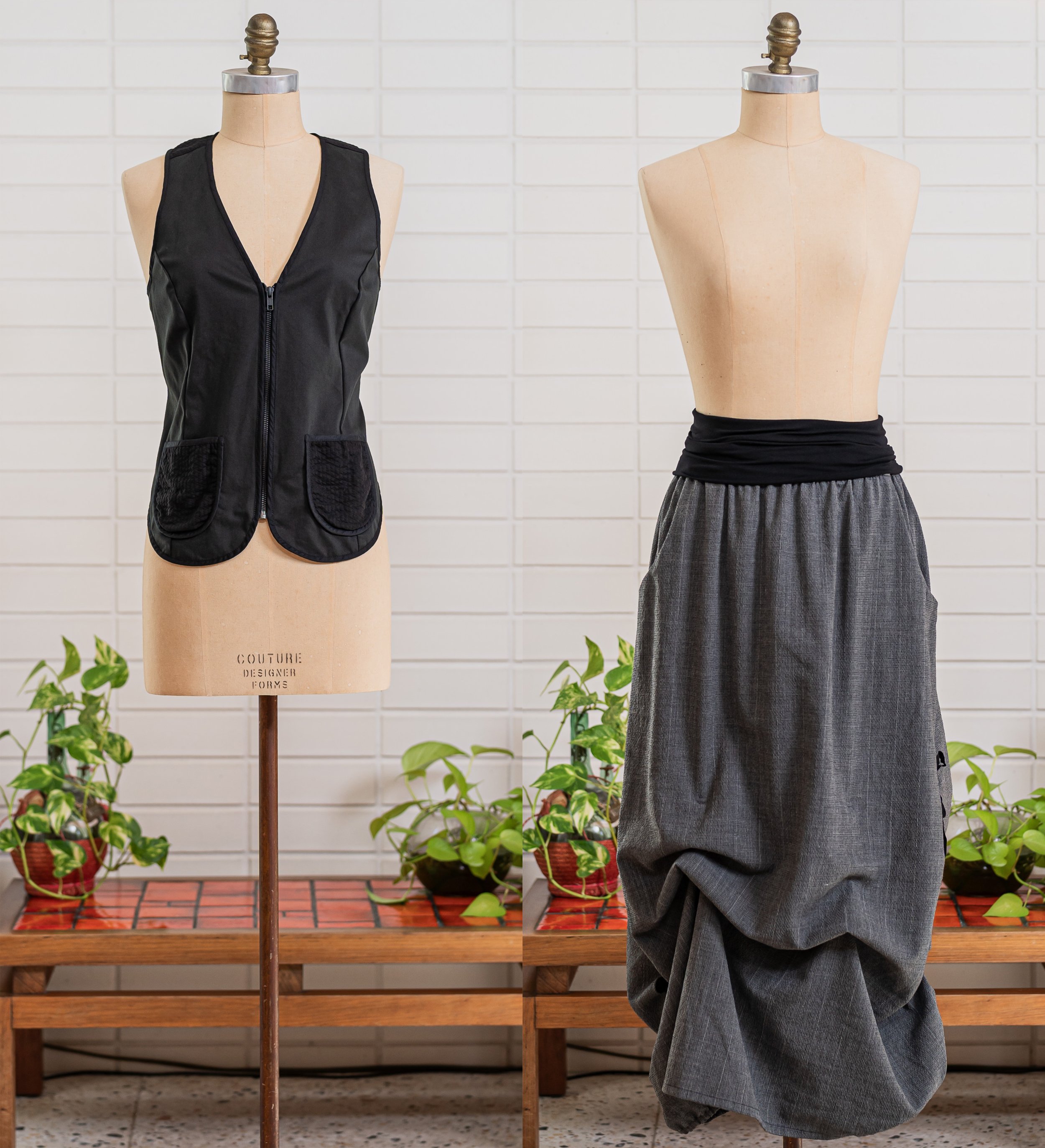 Carrie vest, Japanese cotton modal with cotton contrast.+ Trove skirt, Italian wool lined with cotton &amp; bamboo band