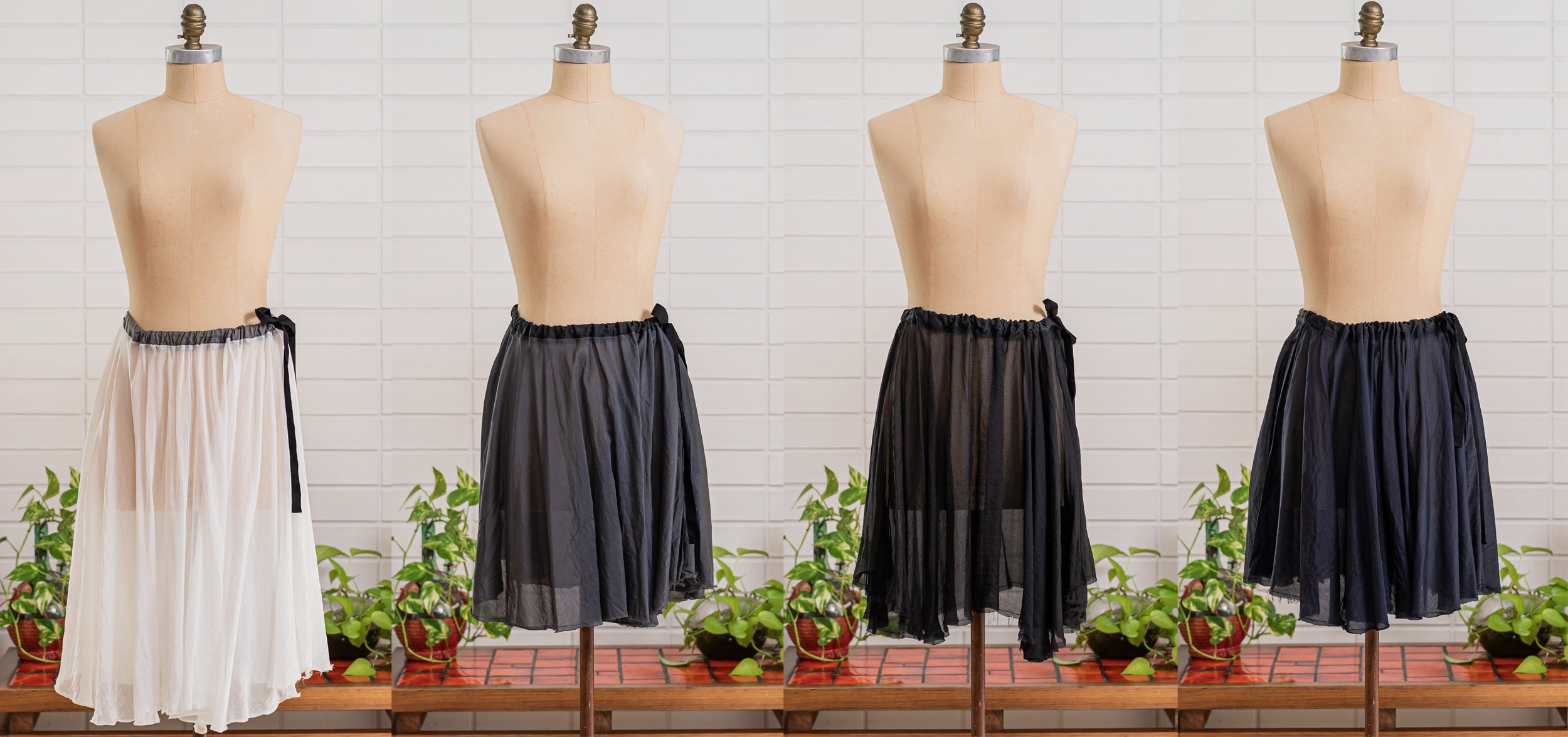Enigma skirts, natural silk cotton, charcoal silk cotton, black textured silk, midnight silk cotton 