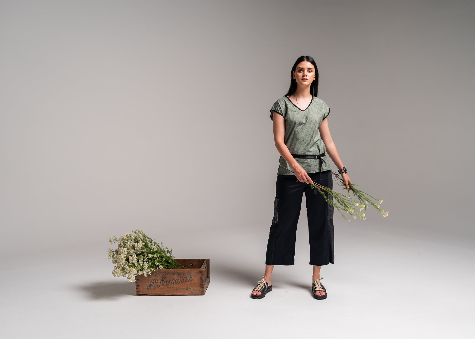 Moonflower Top - Japanese Whisper Print Green + Montage Pants - Black Stretch Cotton + Simple Belt 