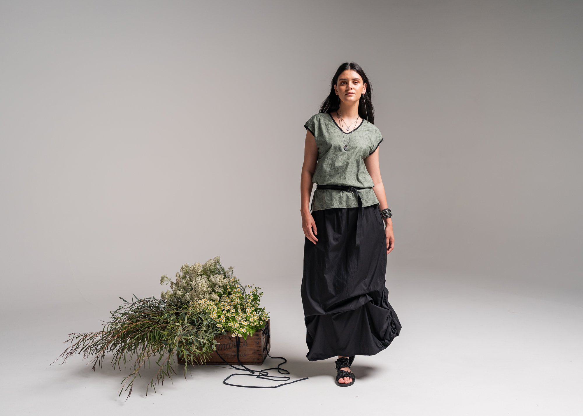 Moonflower Top - Japanese Whisper Print Green + Marmalade skirt - Black Japanese Cotton + Simple Belt 